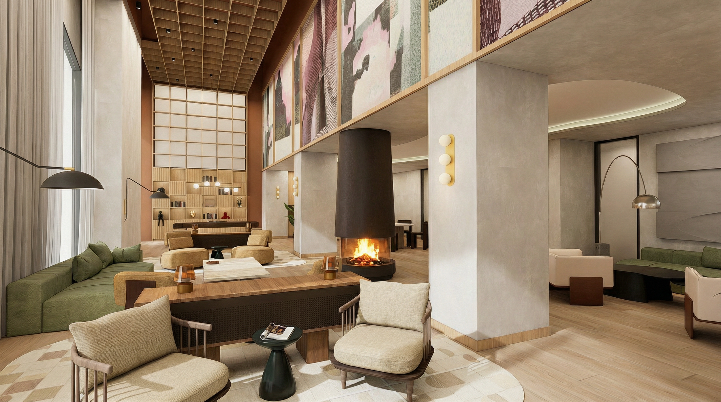 Spacious modern resident loung area with contemporary furniture, a fireplace, and abstract artwork on the upper wall.