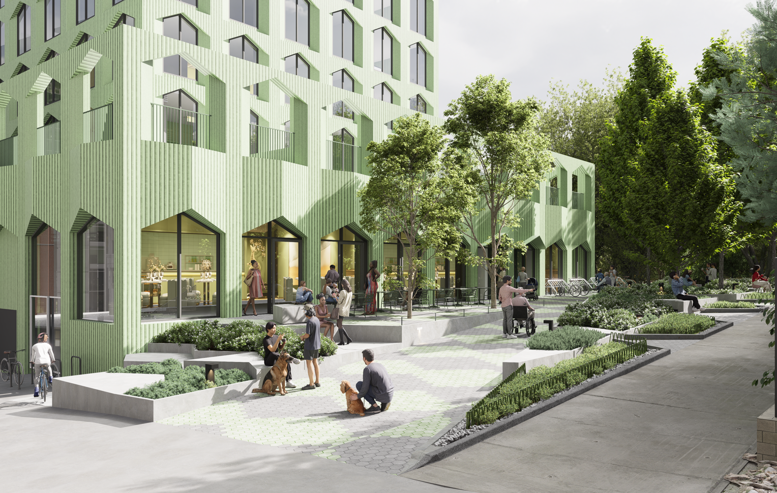 Rendering of people gathered outside 275 Merton St green building with large windows, some sitting and walking, others walking dogs or riding bikes, surrounded by trees and landscaped greenery.