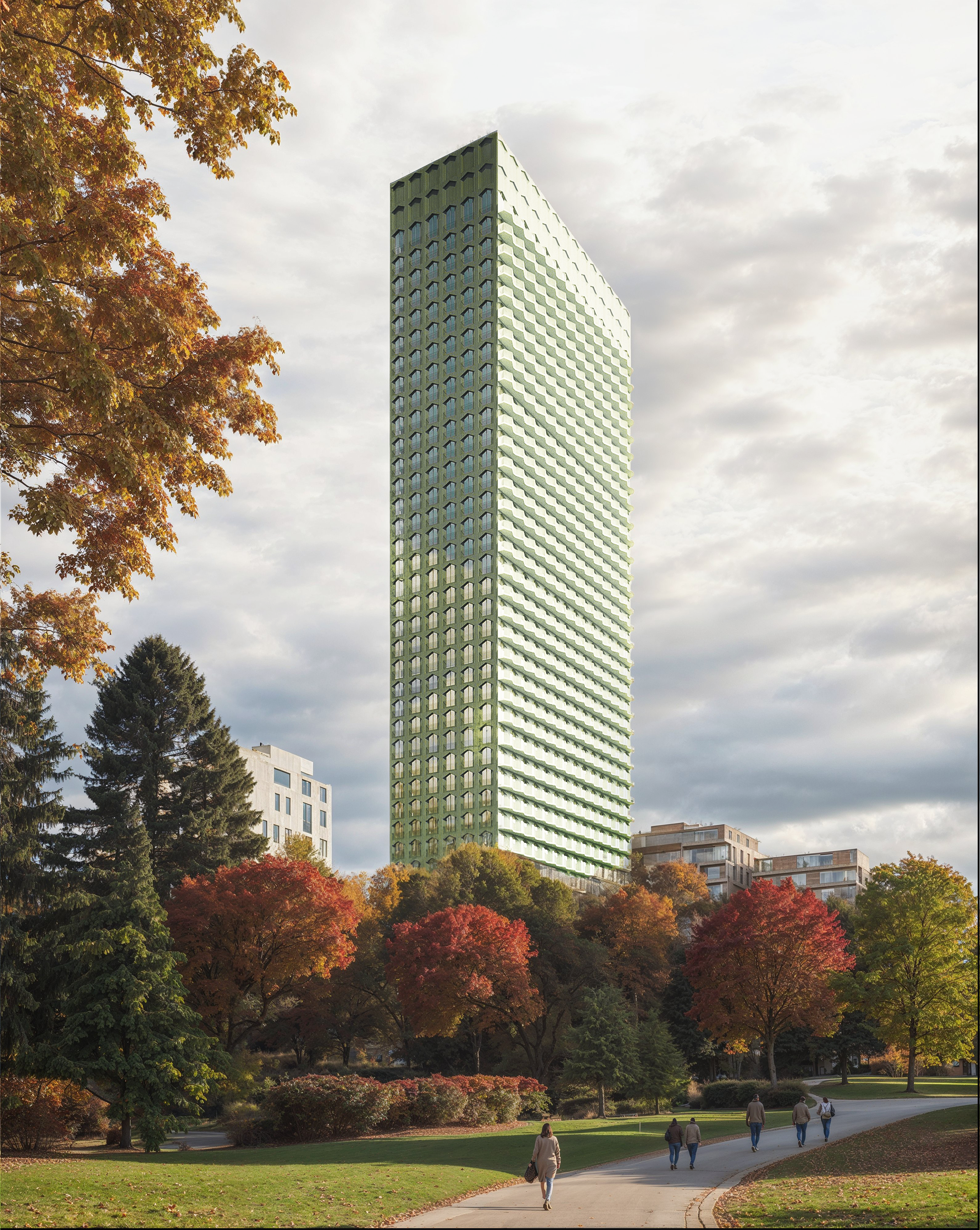 Rendering of 275 Merton St development, with a light green concrete facade that overlooks a park in the fall season.