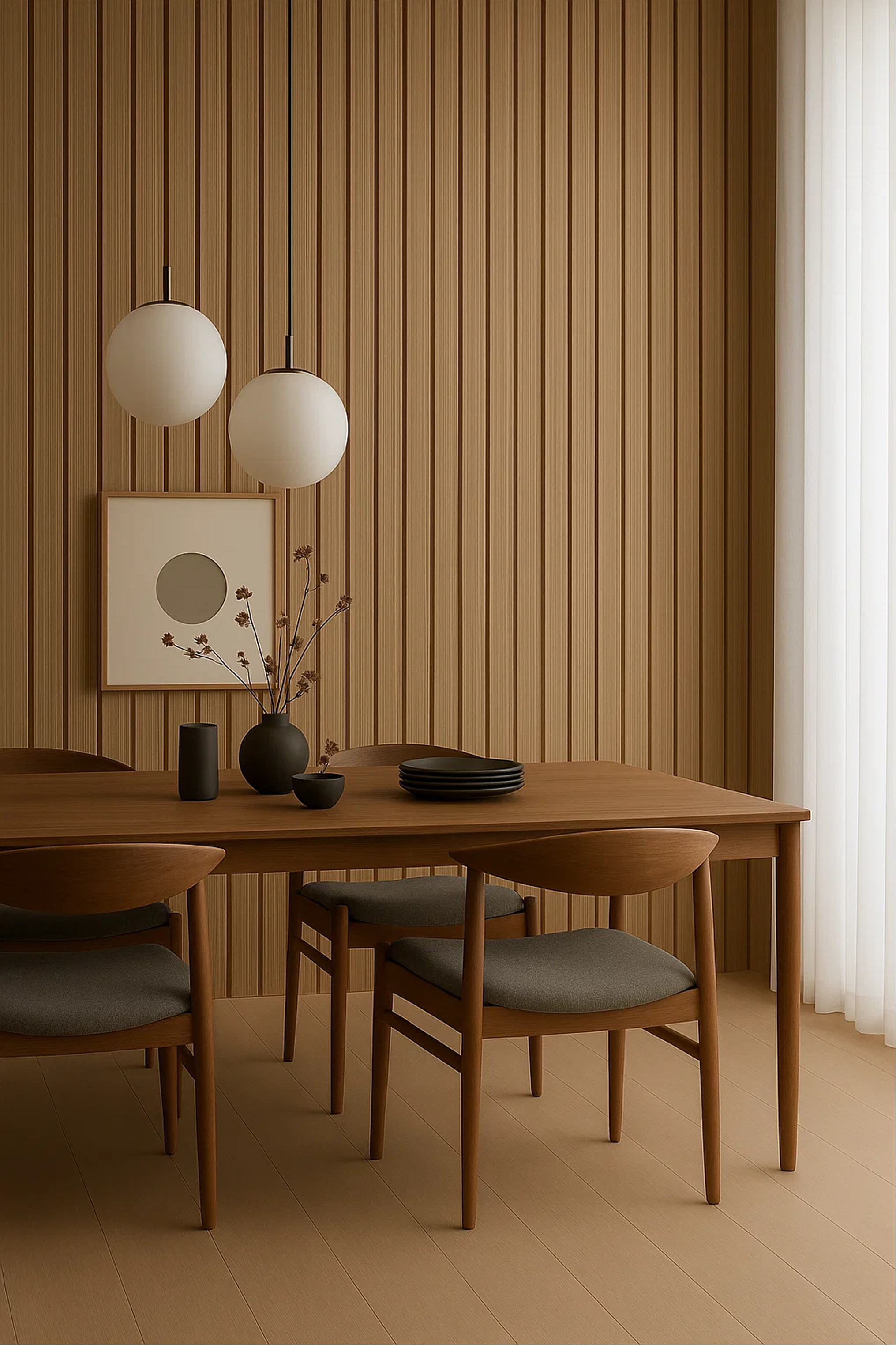 Sala de comedor con pared de madera, mesa de madera con cuatro sillas con cojines grises, jarrón con ramas en la mesa, cuadros decorativos y lámparas colgantes blancas.