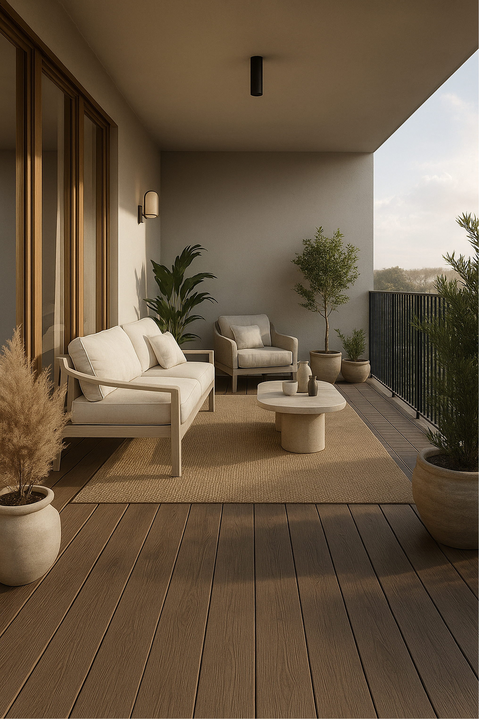 Balcón con muebles de sala en tonos neutros, plantas en macetas y vista al exterior en un día soleado.