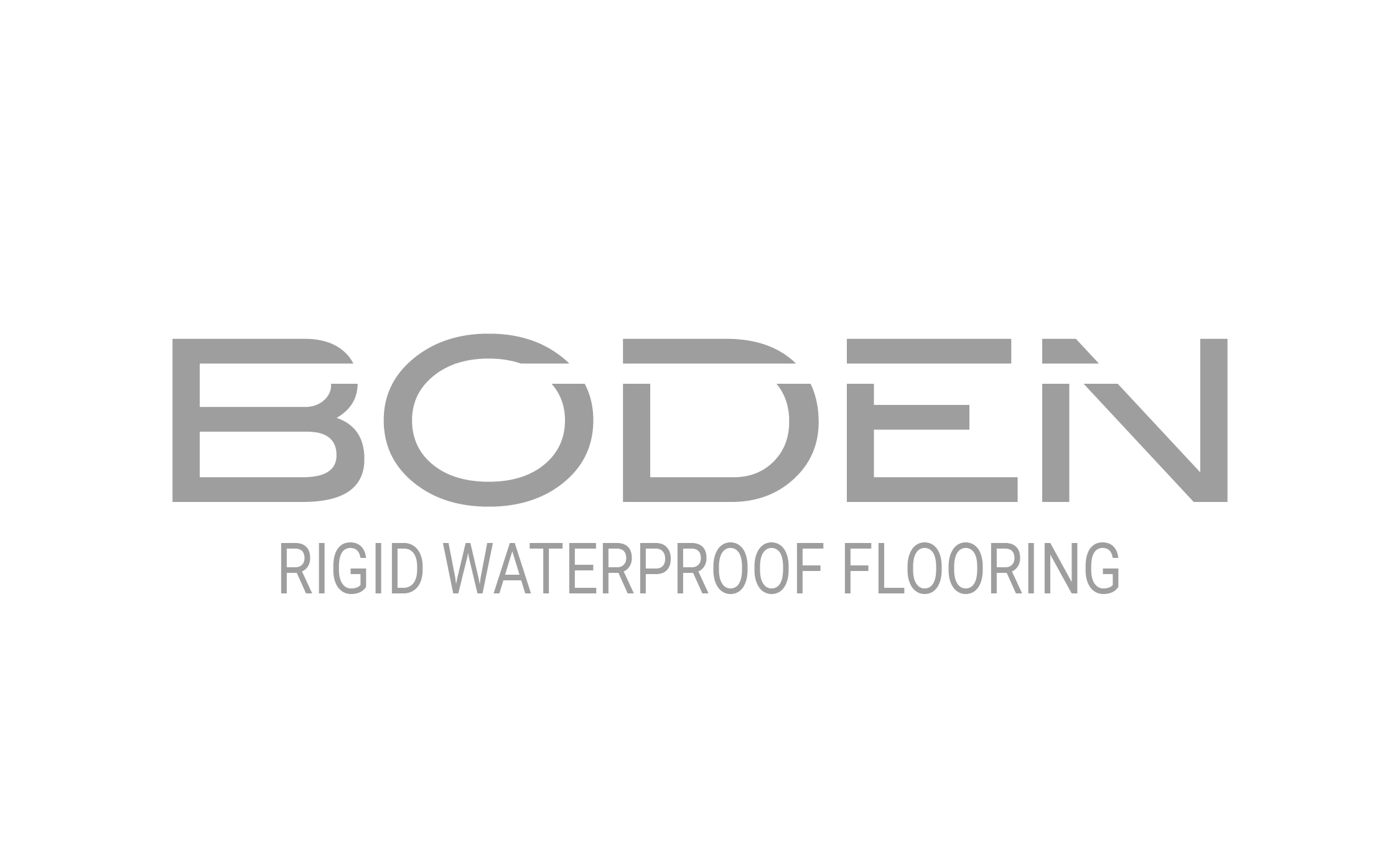 Logo de la marca Boden con texto 'BODEN' en letras grandes y gris, y 'RIGID WATERPROOF FLOORING' en letras más pequeñas debajo, sobre fondo negro.
