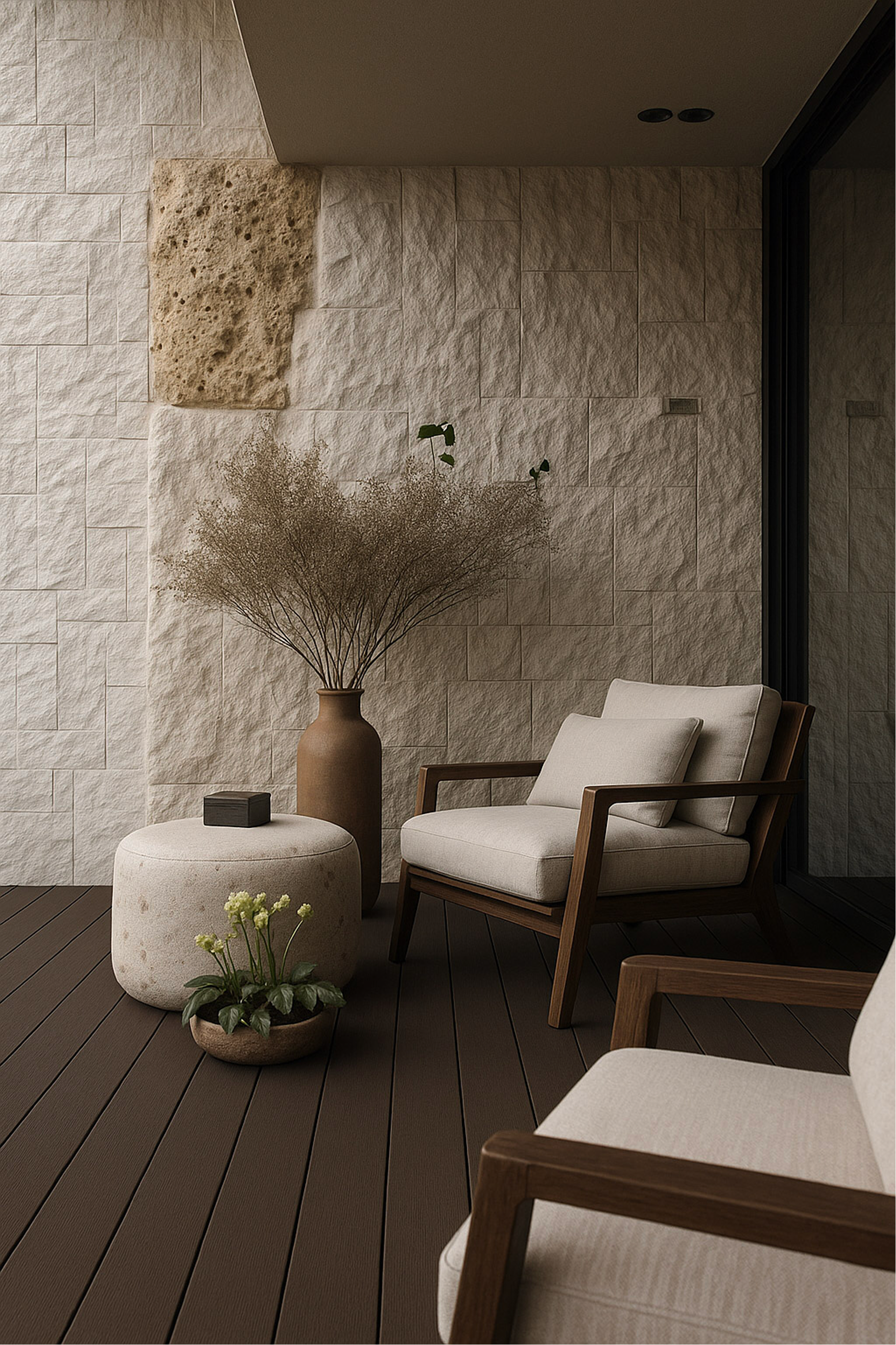 Zona de descanso con sillones de madera y cojines claros, planta en jarrón grande de barro, y plantas en macetas, decorado con paredes de piedra y piso de madera.