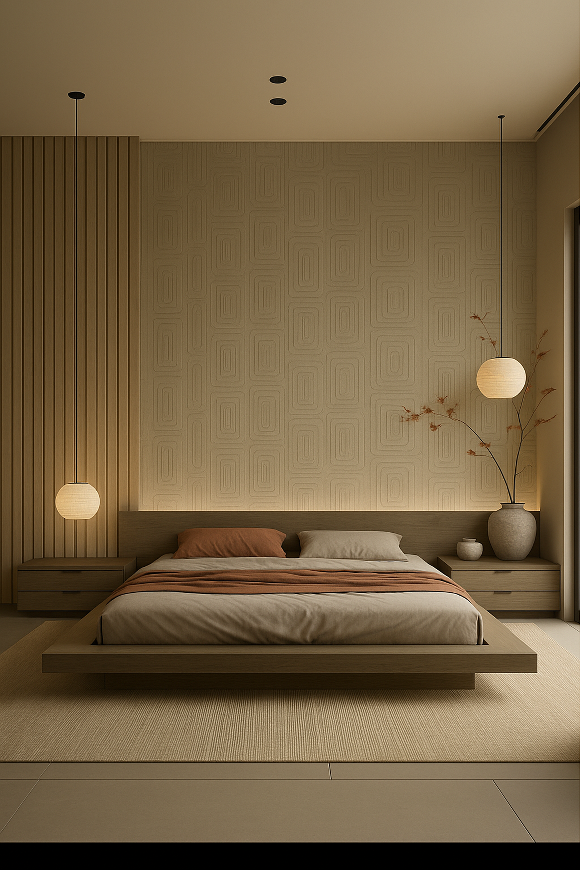 Habitación moderna con cama de madera, paredes decoradas en tonos neutros, lámparas colgantes de luz cálida, y jarrones con ramas secas junto a una ventana.