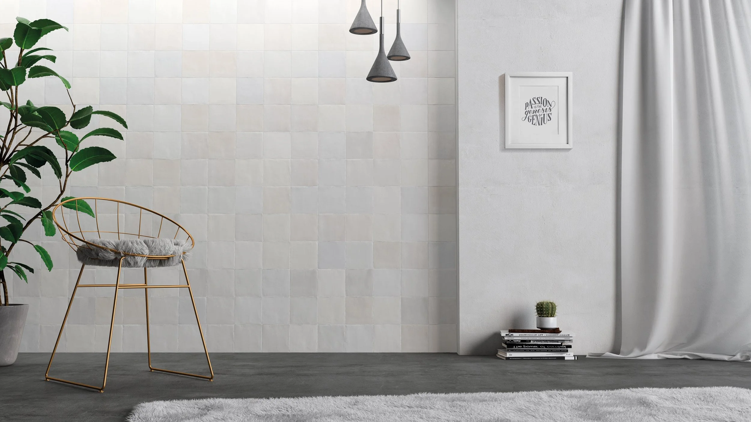 Interior moderno con silla de oro, planta grande, cuadros en la pared, cortina blanca y libros.