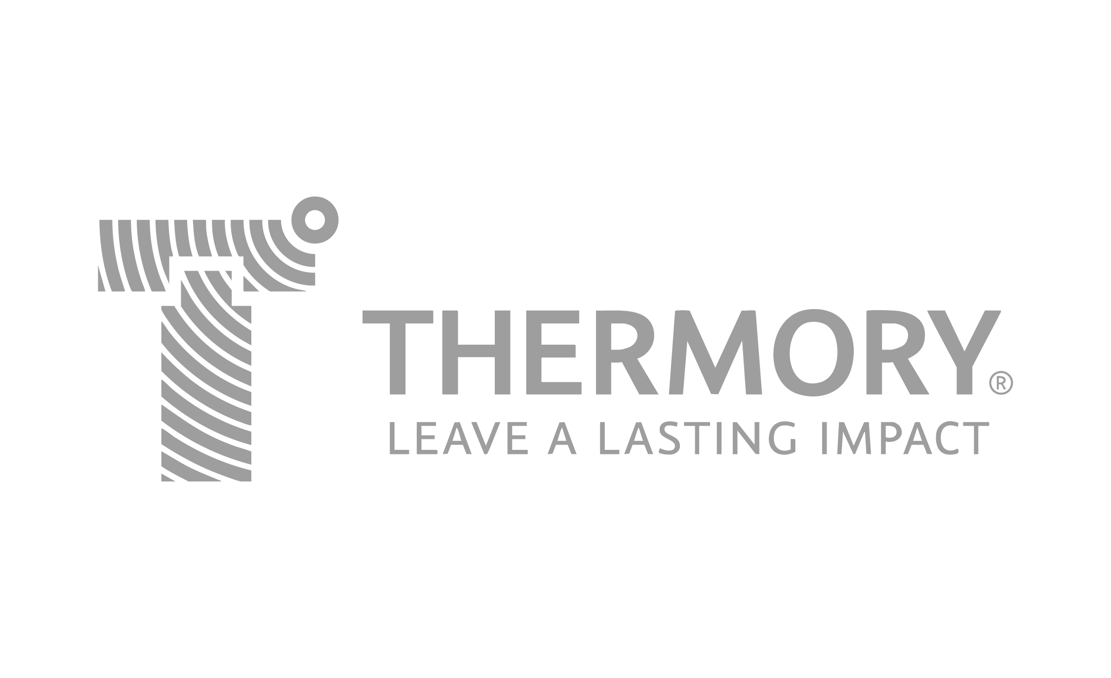 Logotipo de Thermory con el lema "Deja una huella duradera" en color gris sobre fondo negro.