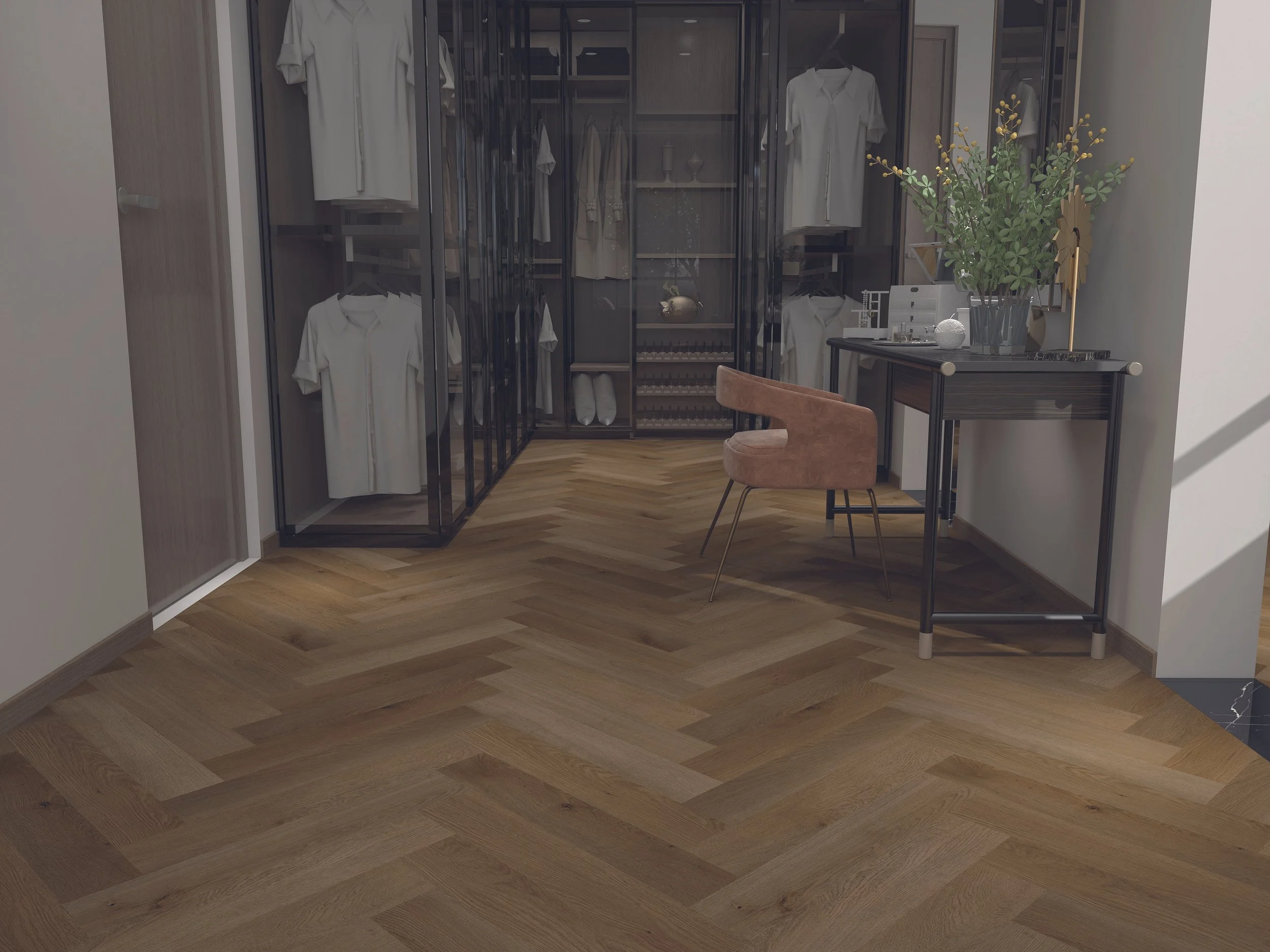 Vestidor moderno con ropa blanca colgada y estantes, mesa con plantas y accesorios decorativos, y silla rosa en un espacio bien iluminado.