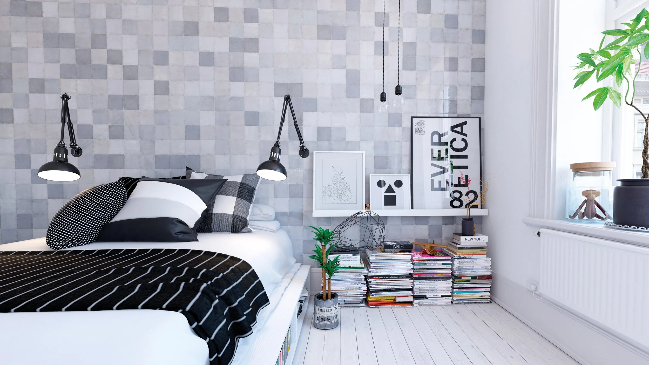 Habitación moderna con cama, cojines en tonos negros y blancos, estantería con libros, cuadros decorativos y plantas.