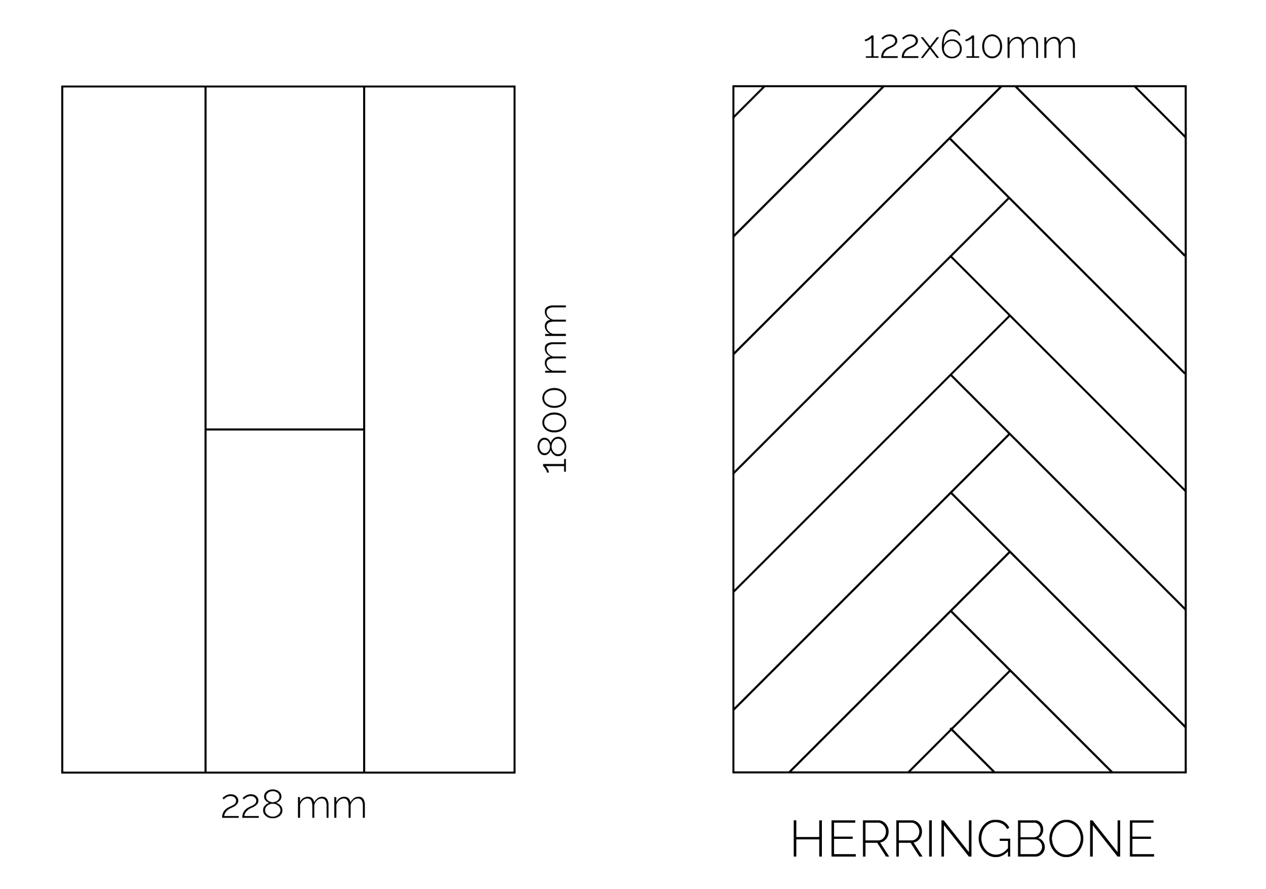 Plano técnico de una pieza de madera con dimensiones 228 mm por 1850 mm, en patrón de inglete en herringbone, con la etiqueta 'HERRINGBONE' en la parte inferior.