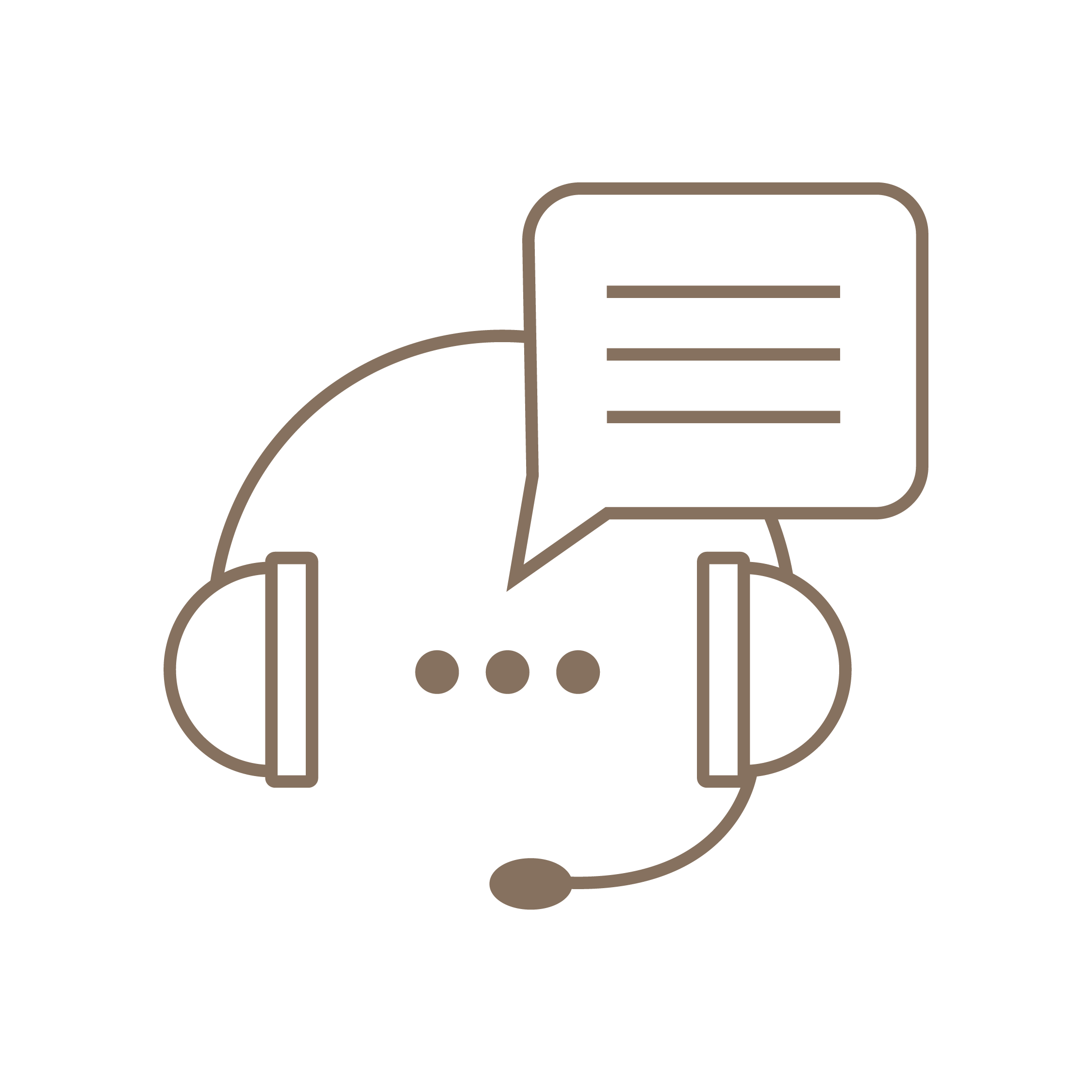 Icono de auriculares con micrófono y burbuja de diálogo con líneas que representan texto.