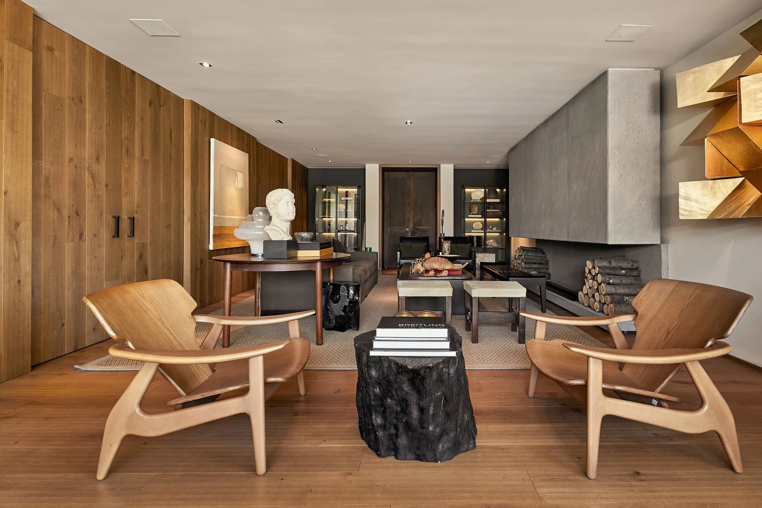 Sala de estar moderna con muebles de madera, una chimenea y estanterías con objetos decorativos.