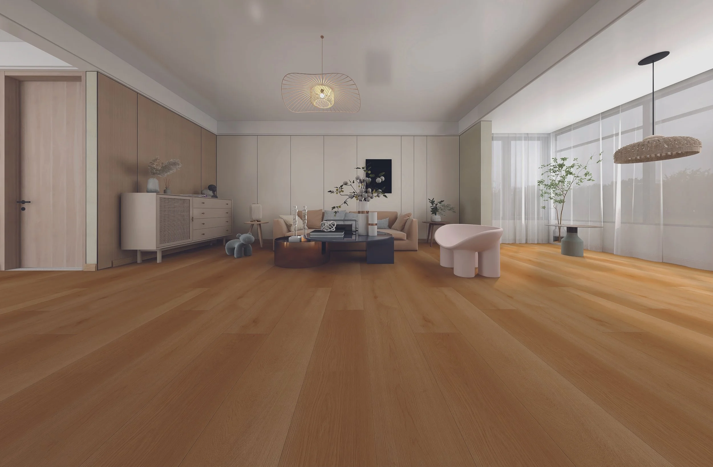 Salón minimalista con muebles beige y decoración moderna, madera clara en el piso y muchas plantas.