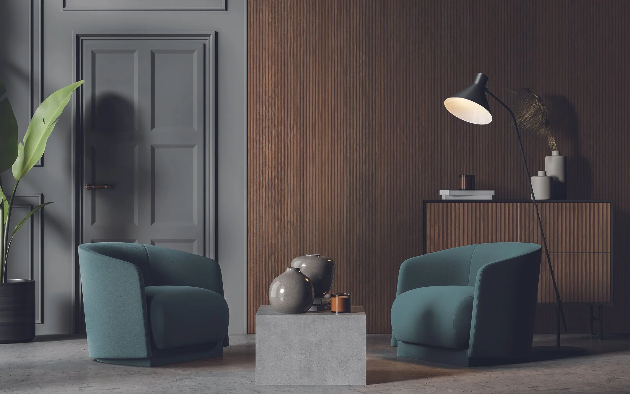 Sala moderna con dos sillones verdes, una mesa de concreto con jarrones decorativos y una lámpara de pie negra, fondo de pared de madera y puerta gris.