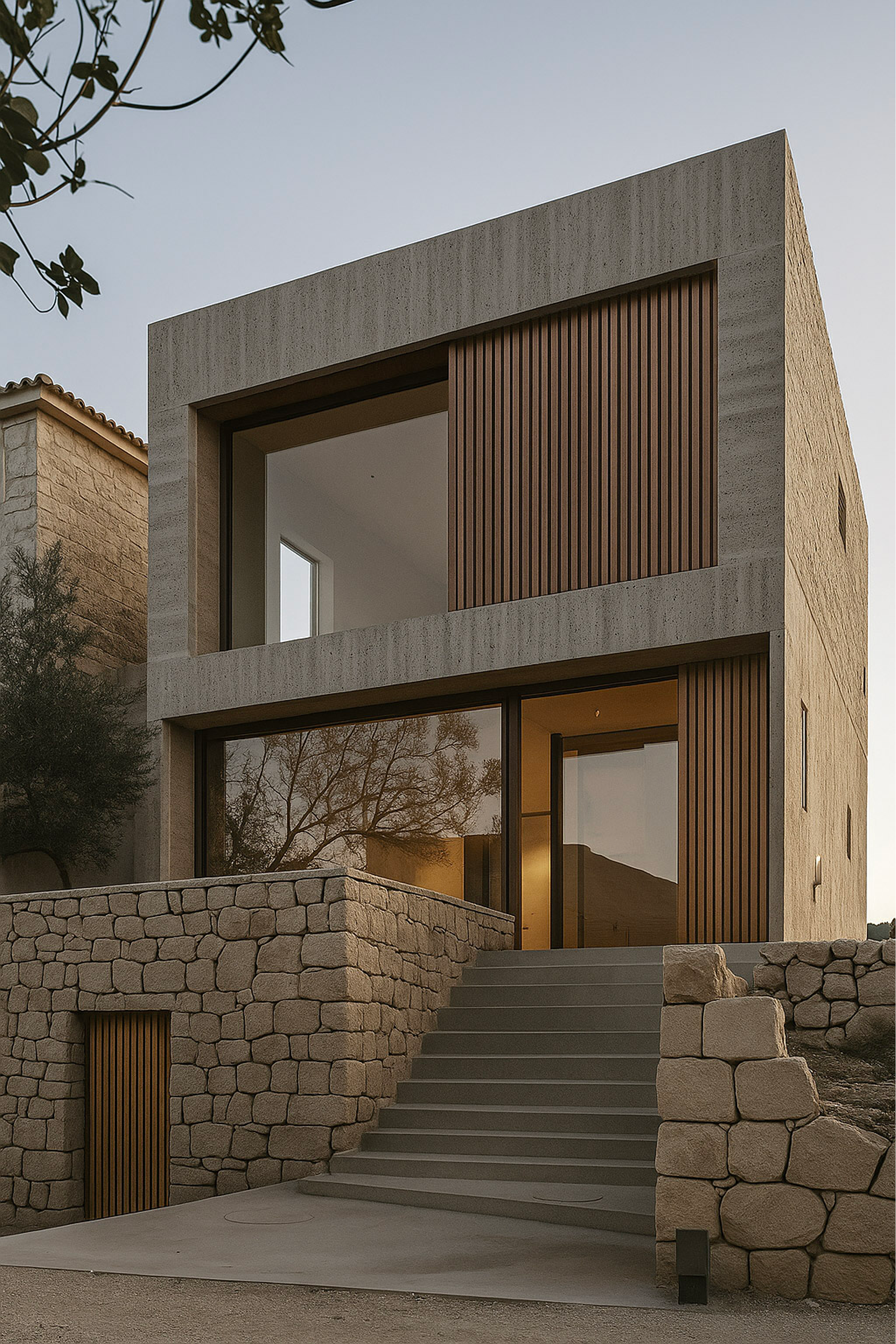 Casa moderna de dos pisos con paredes de concreto, ventanas grandes de vidrio y detalles de madera, en un entorno con rocas y árboles