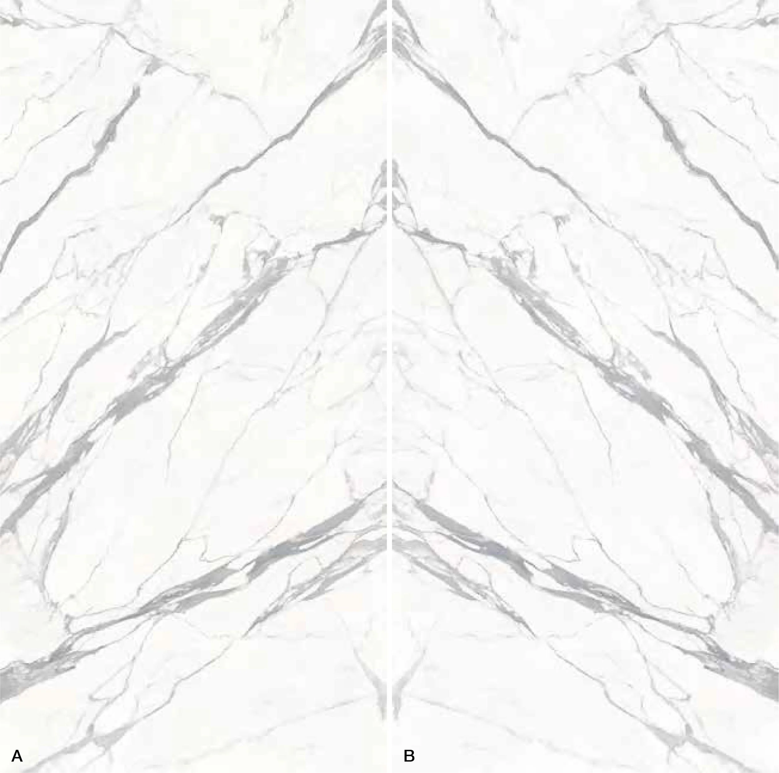 Imagen de mármol con vetas grises en fondo blanco, dividida en dos partes, con etiquetas A y B en la esquina inferior izquierda.