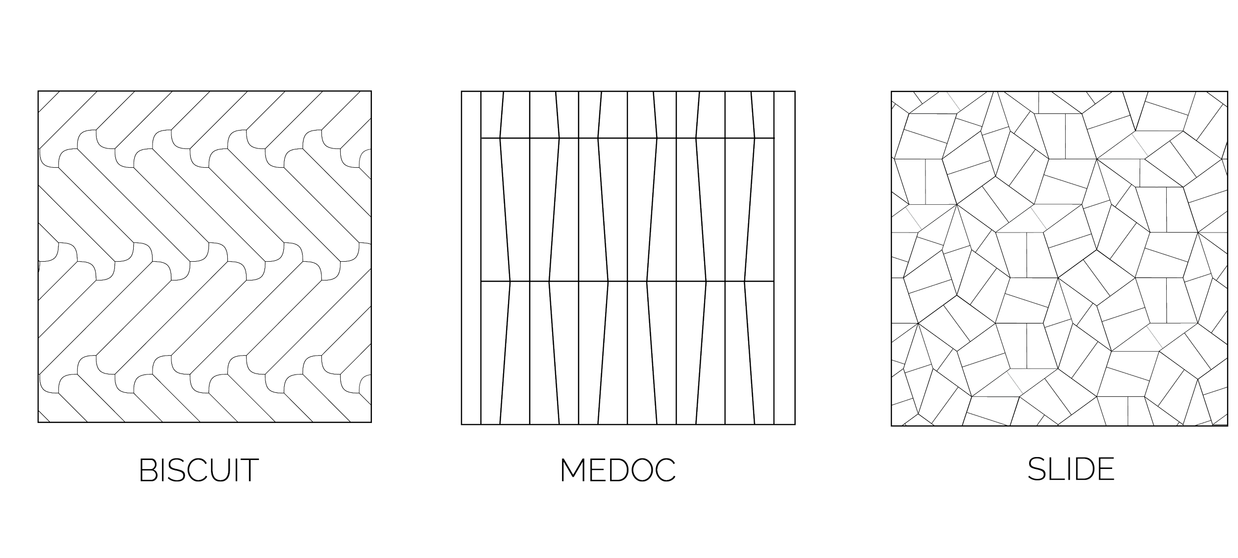 Ilustraciones en línea de diferentes patrones de superficie llamados 'Biscuit', 'Medoc' y 'Slide', cada uno con un diseño geométrico distinto.