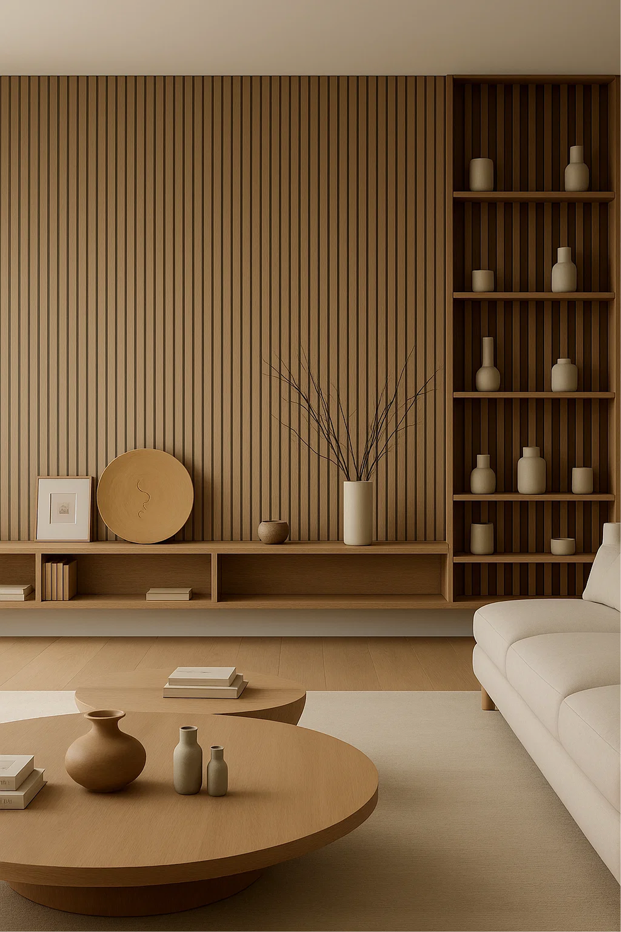 Sala moderna con paredes de madera, estantería llena de jarrones blancos, mesa de centro de madera con libros y jarrones decorativos, sofá blanco.