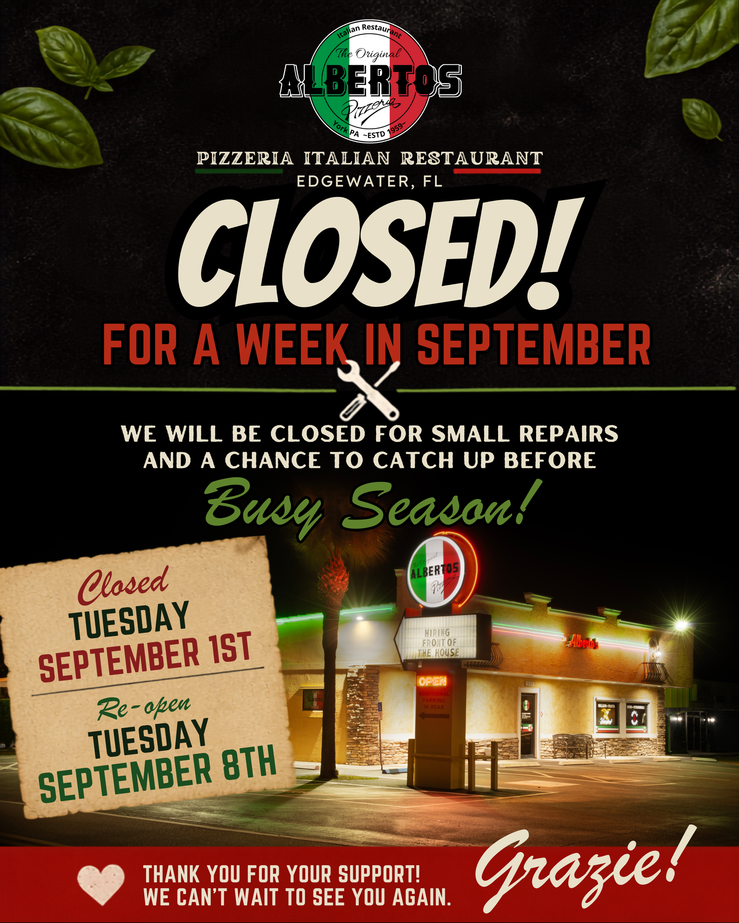 Closed Sign for Repairs until September 8th