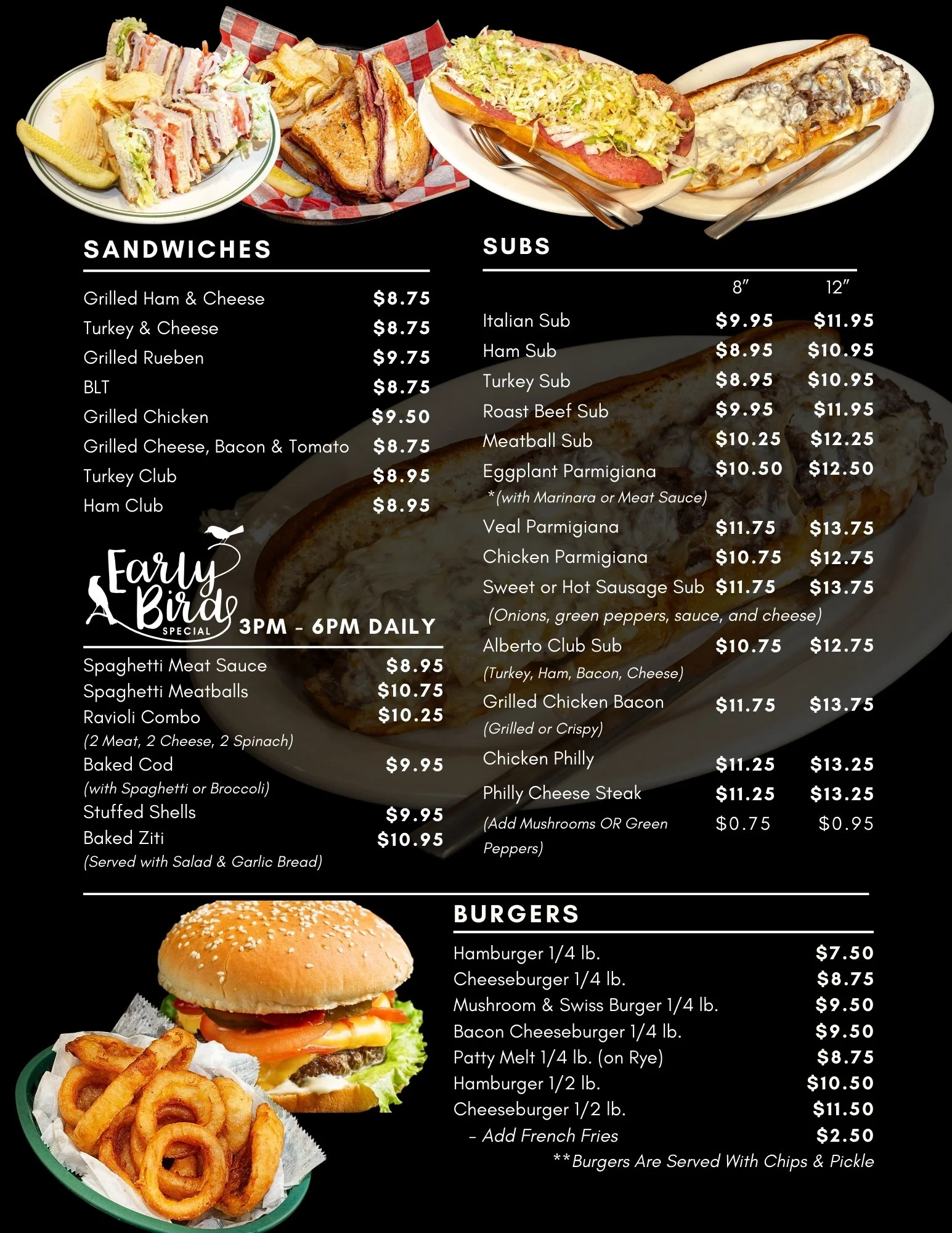 Menu featuring sandwiches, subs, and burgers with images of a sandwich, a sub, and a burger with onion rings.
