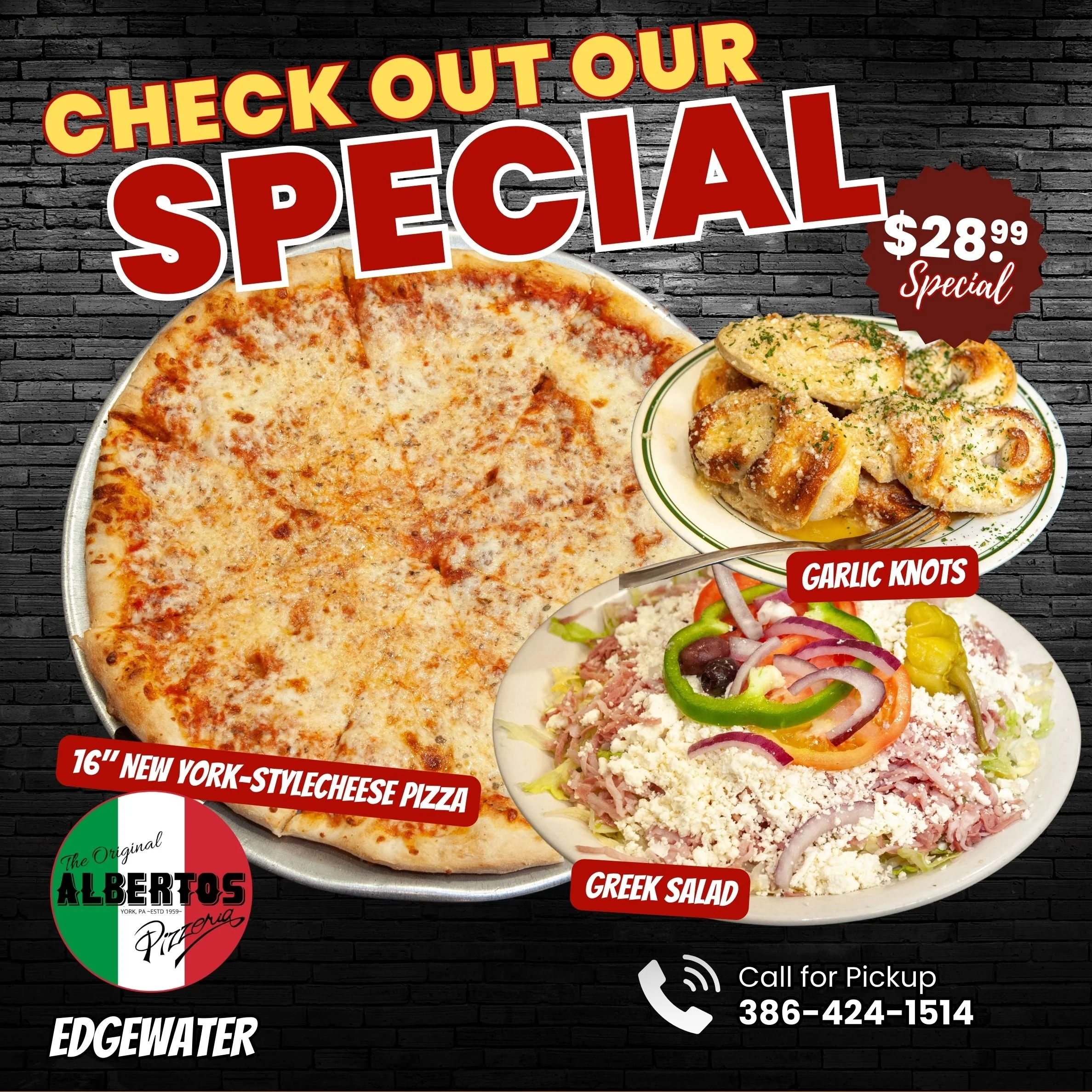 16" Cheese Pizza, Small Greek Salad, 6 knots $28.99