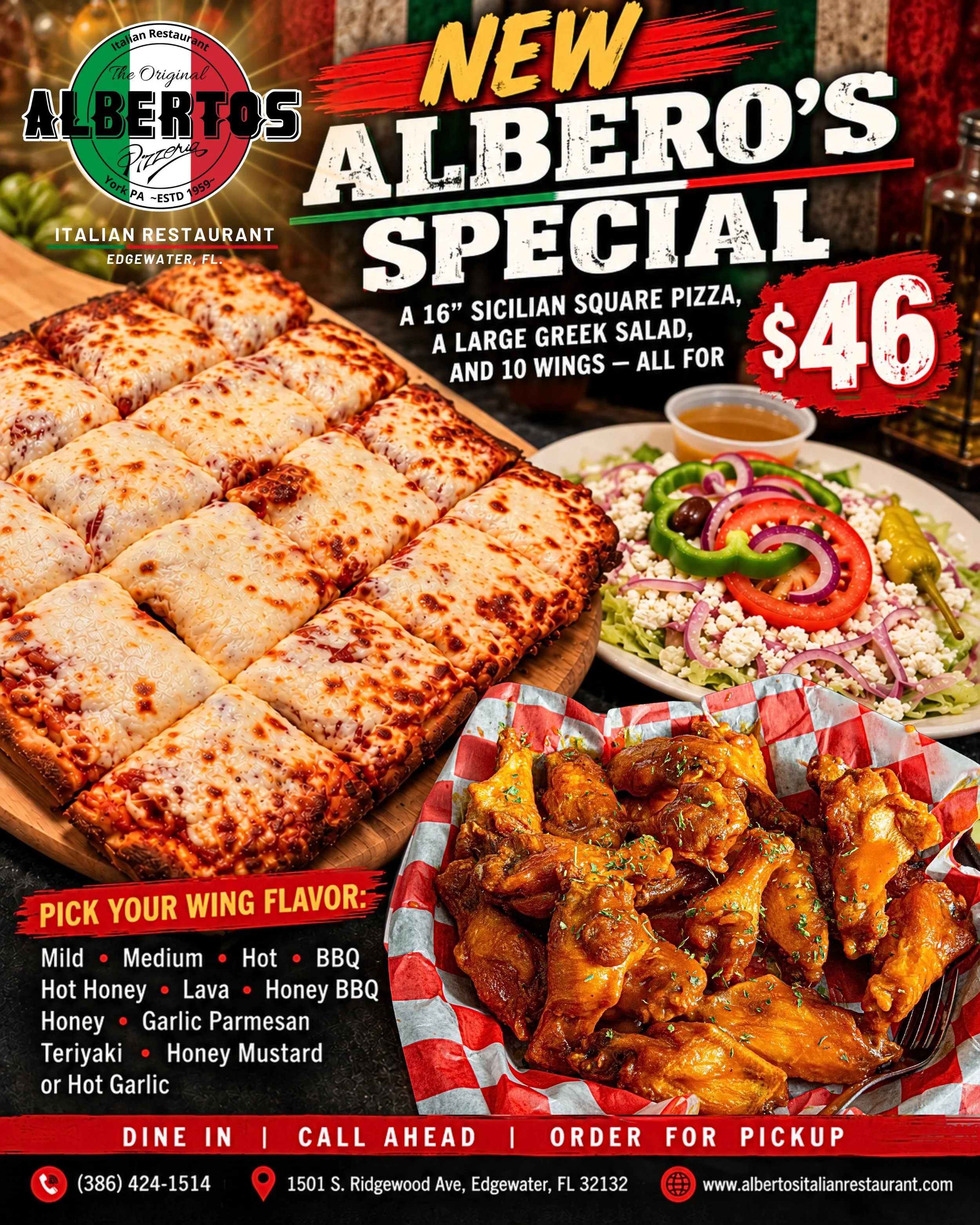 Albertos Sicilian Pizza Special 46 dollars pizza wings and salad