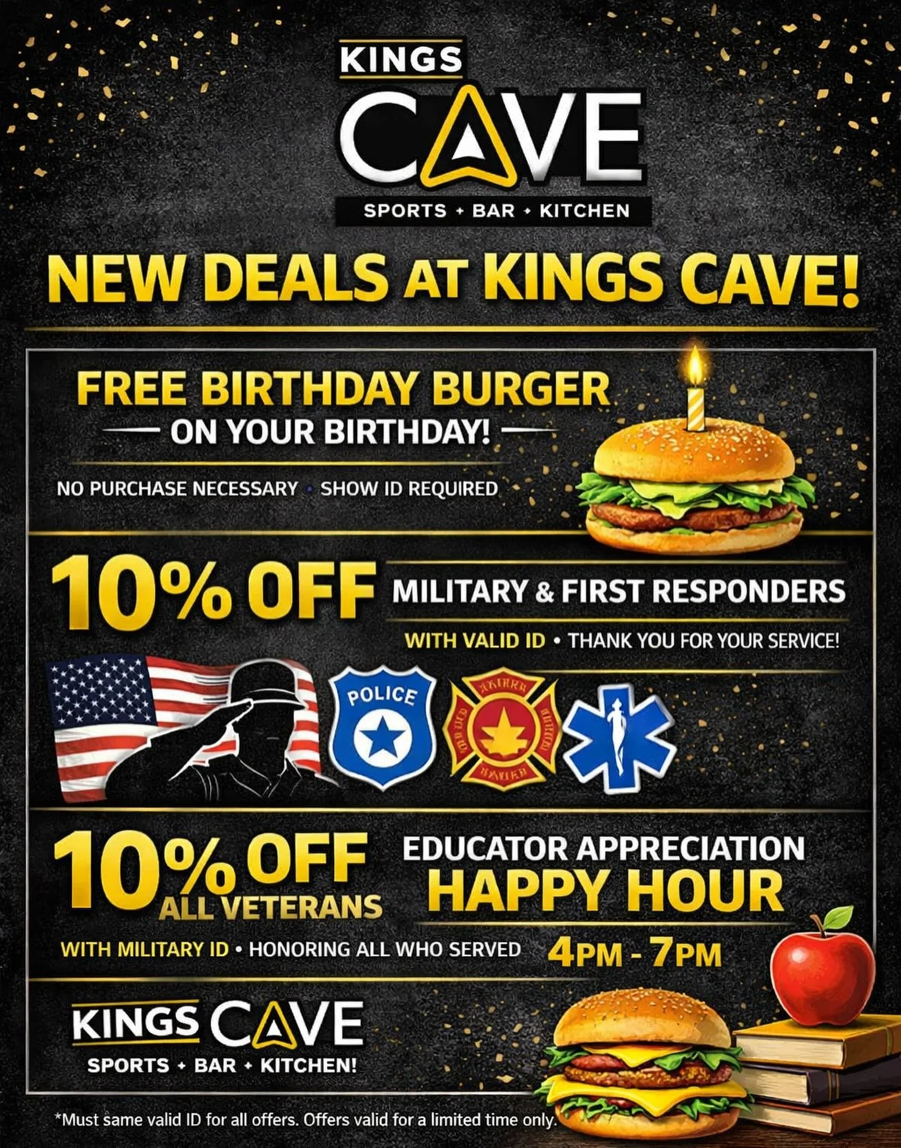 New Year, New Deals at Kings Cave✨ We&rsquo;re kicking off the year with perks you&rsquo;ll love:

🍔 Birthday Burger &mdash; Free burger on your birthday (no purchase necessary, ID required)
🚔 Military &amp; First Responders &mdash; 10% off with va