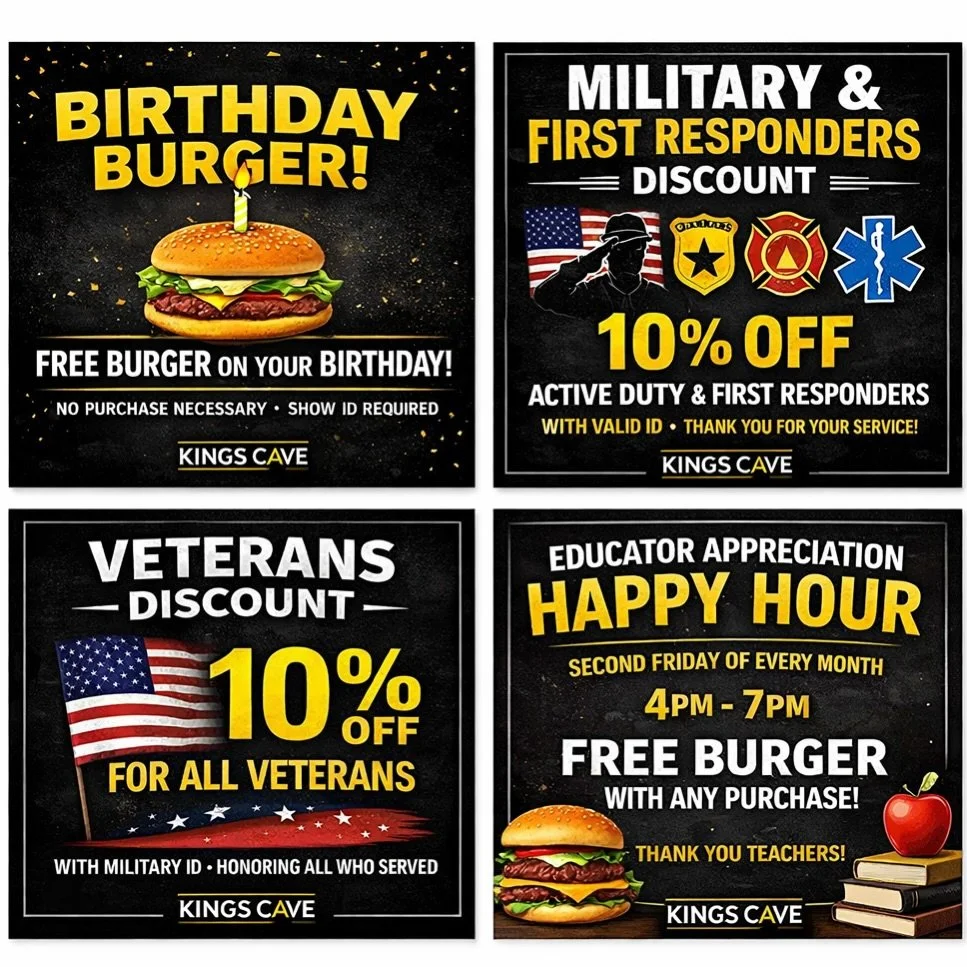 Deals worth pulling up for 🍔🔥

🎉 Birthday Burger &ndash; Free burger on your birthday (no purchase necessary, ID required)
🇺🇸 Veterans, Military &amp; First Responders &ndash; 10% off with valid ID
🍎 Educator Appreciation Happy Hour &ndash; Sec