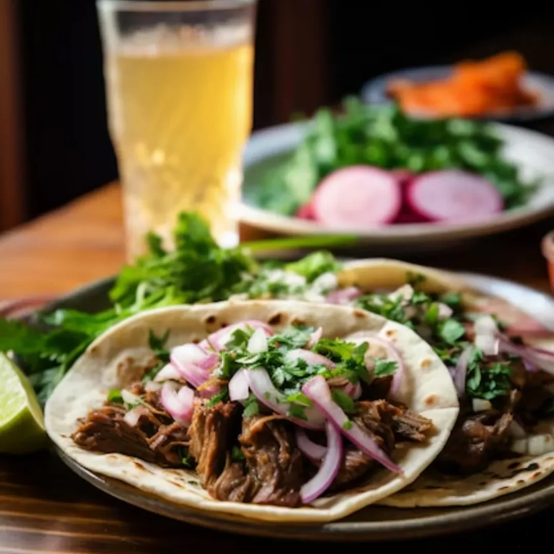 Tacos filled with shredded meat, topped with chopped onions and cilantro, served with lime wedges, on a black oval plate, with a side salad and a glass of beer in the background.