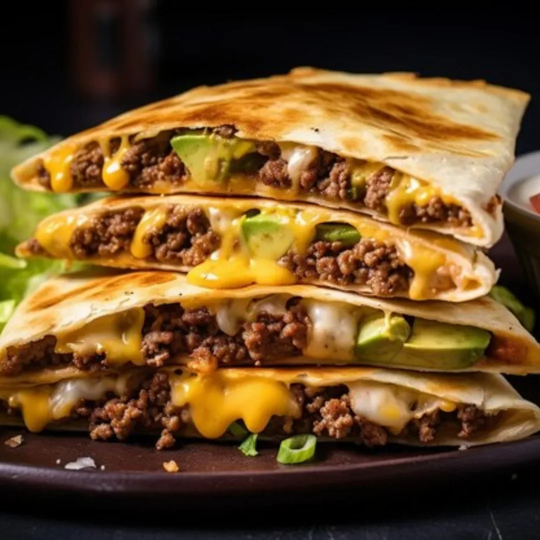 Stacked beef quesadillas with melted cheese, green peppers, and chopped green onions on a black plate, with a small bowl of salsa in the background.