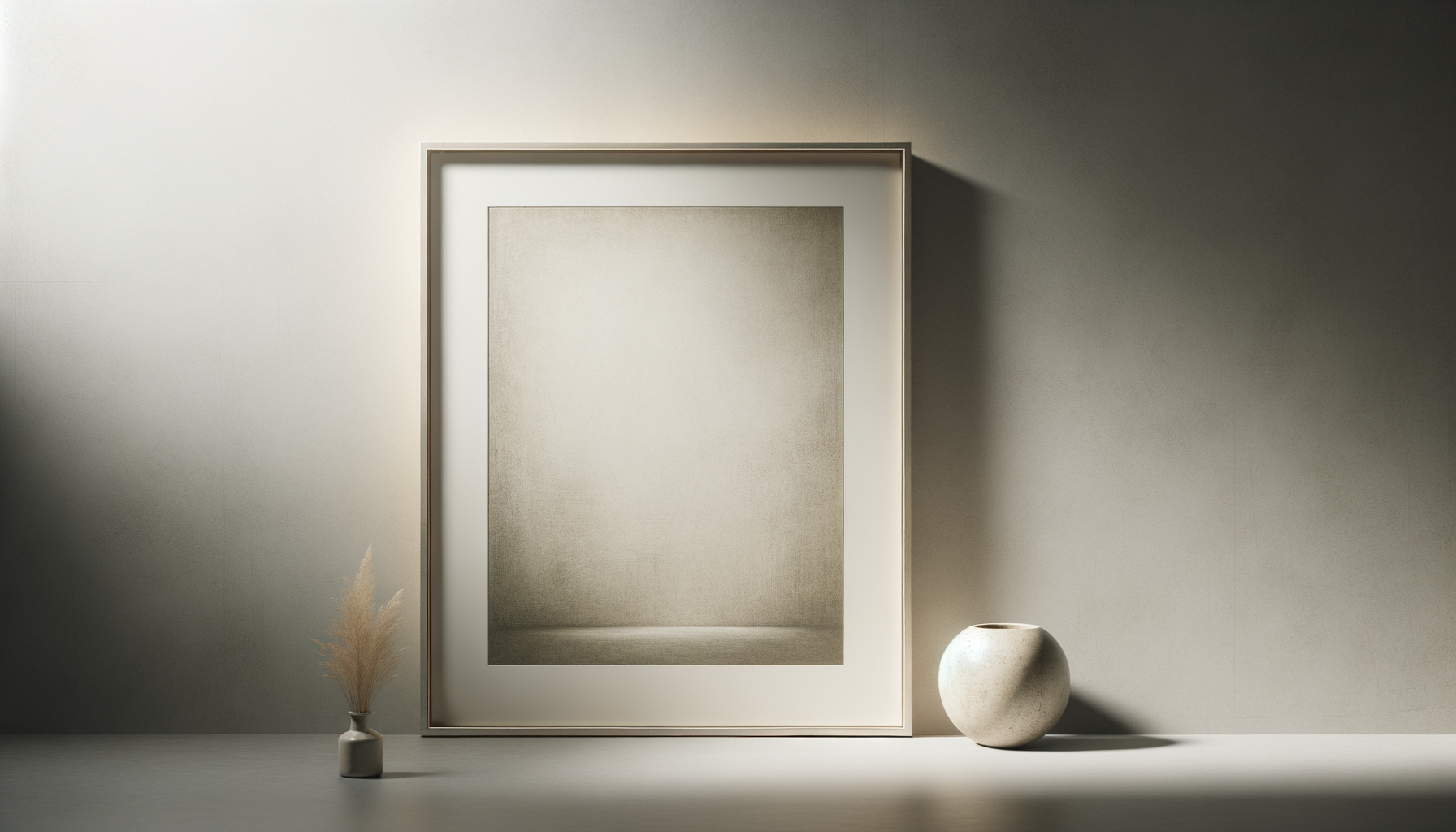 Minimalist interior with a large empty framed art piece, small vase with dried pampas grass on the left, and a round textured white vase on the right, all against a light grey wall with soft lighting.