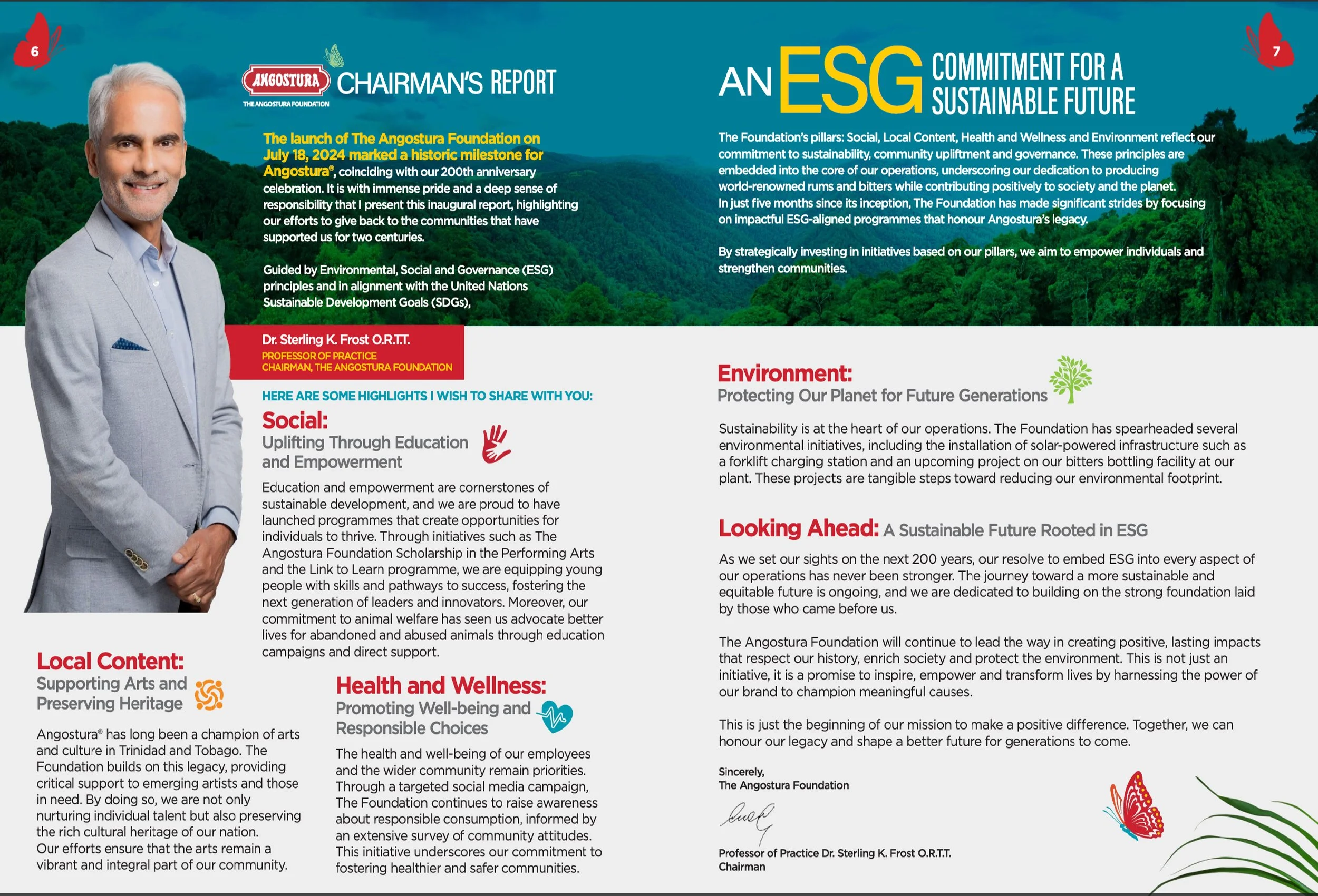 A man in a light gray suit smiling, with a background of green hills and a blue sky with clouds. Text on the right discusses the Angostura Foundation's commitment to sustainability, environmental initiatives, social empowerment, health, and wellness.