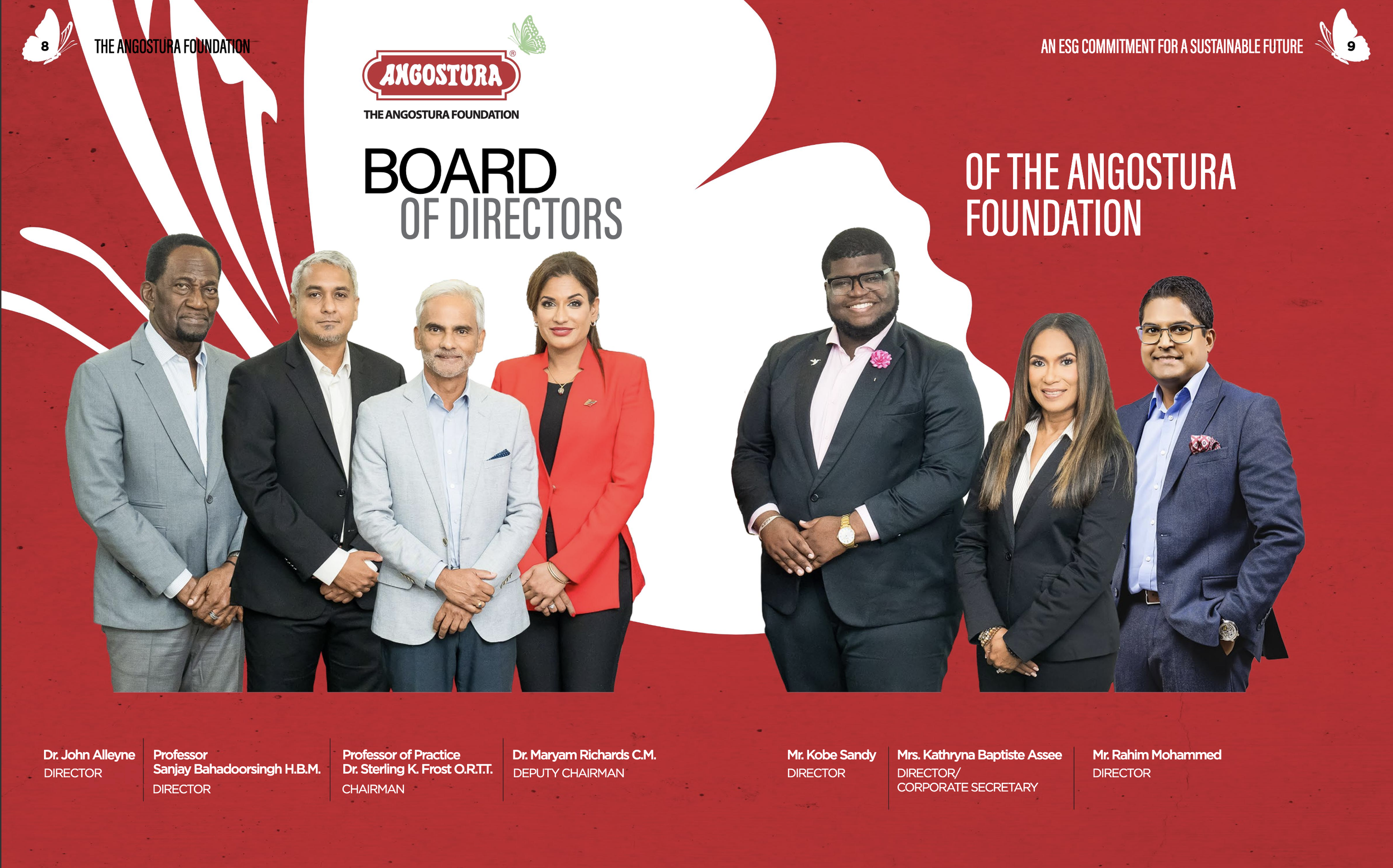 Group photo of eight professionals in formal attire, standing in front of a red and white graphic background with butterfly logos. Text at the top reads 'Board of Directors of the Angostura Foundation.' Names and titles are listed at the bottom, incl