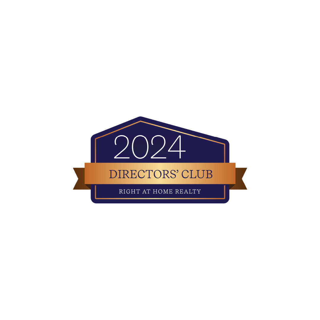 2024 Directors' Club badge with gold ribbon and blue background, awarded by Right at Home Realty.