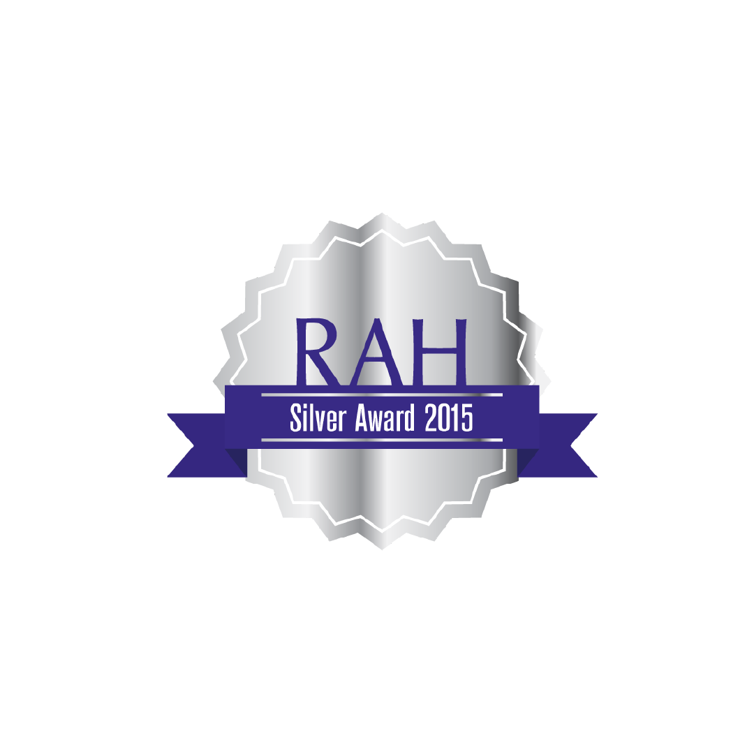 Silver award badge with purple ribbons and text reading 'RAH Silver Award 2015' in the center.