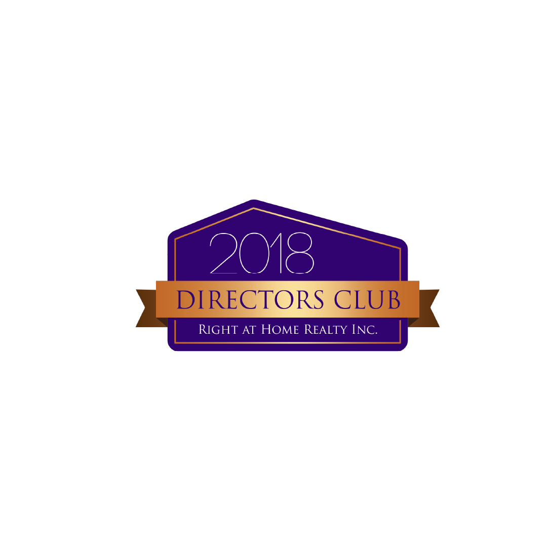 An award badge for the 2018 Directors Club by Right at Home Realty Inc. featuring a dark blue and gold color scheme.