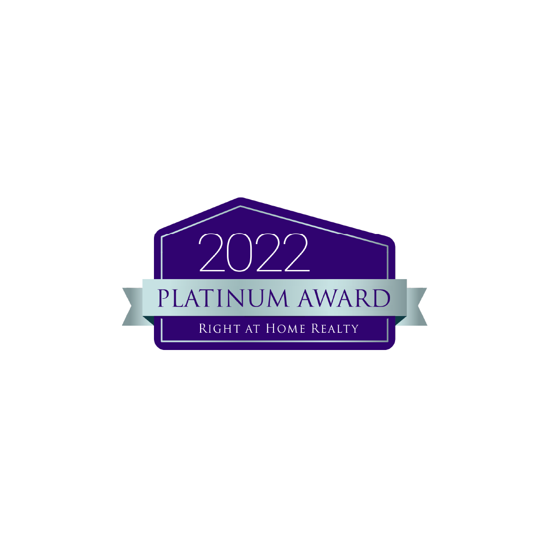 Award badge reading '2022 Platinum Award' from Right at Home Realty with a purple and gray color scheme.