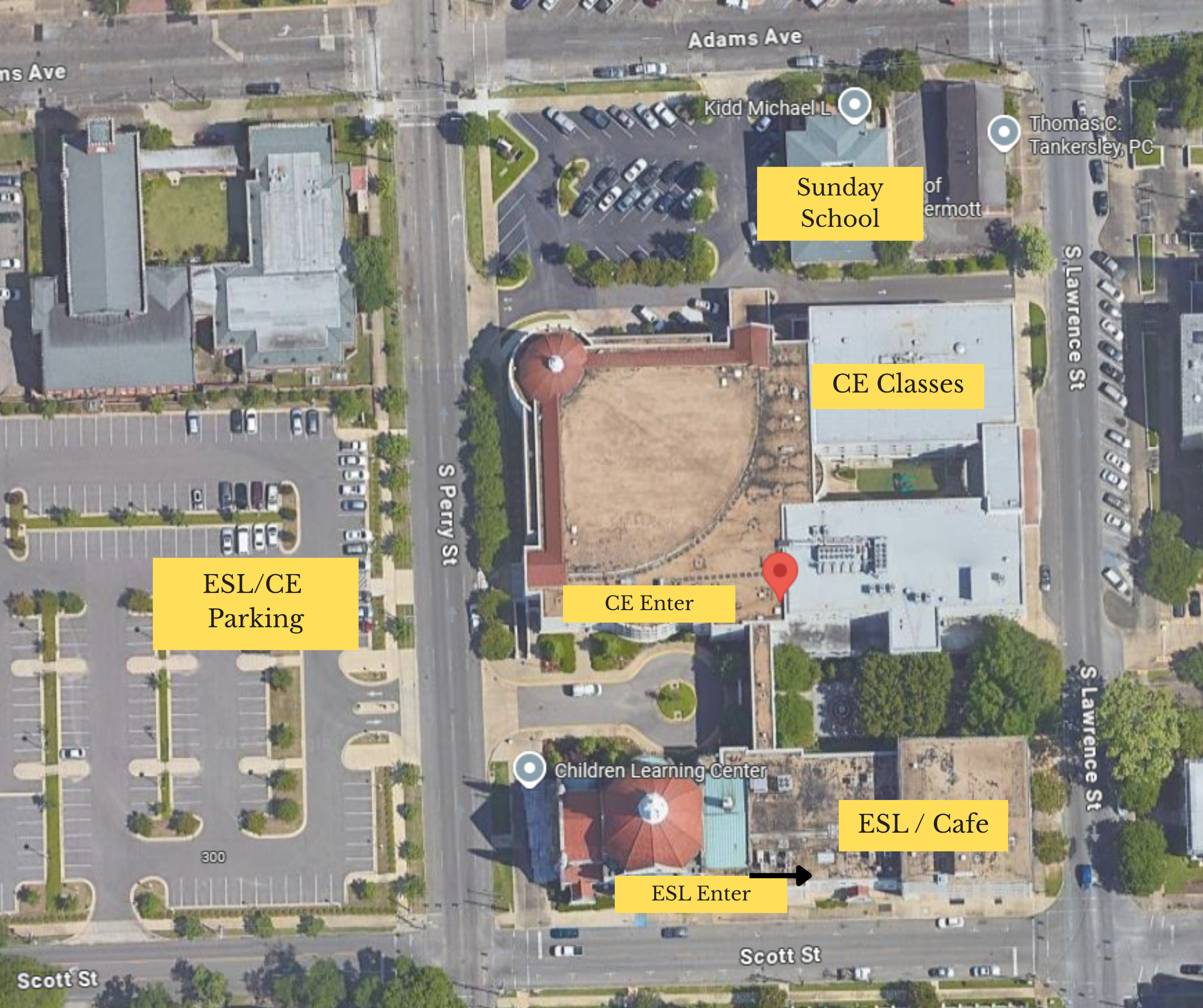 Aerial view of a school campus with labeled sections. The campus has parking lots on the left, building entrances in the center and right, and an open courtyard. Labeled sections include ESL/Ce Parking, ESL/Cafe, ESL Enter, CE Enter, CE Classes, and Sunday School. Streets surrounding the campus include Scott Street at the bottom, and Adams Avenue at the top, with S Perry Street and S Lawrence Street on the sides.