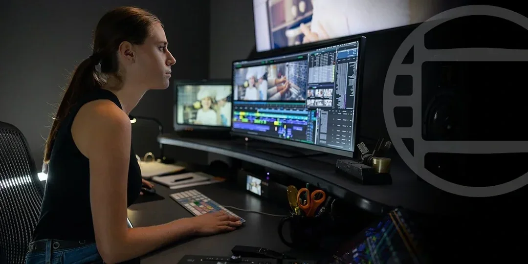 Woman working on video editing at a multi-monitor computer setup in a dark room.