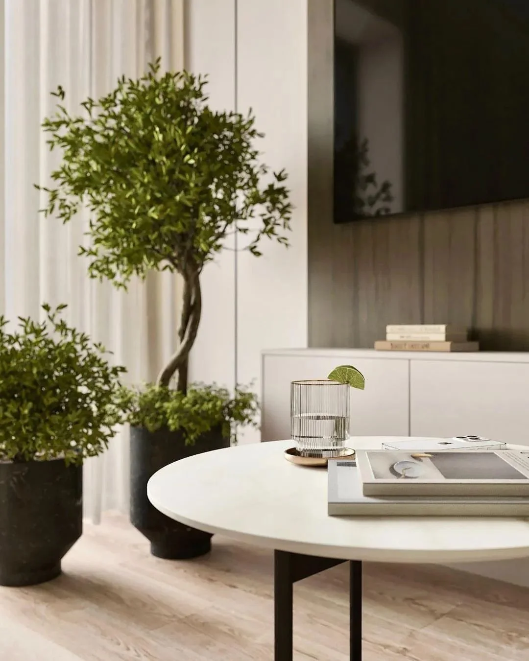 Interno moderno con tavolo rotondo bianco, un libro e un bicchiere d'acqua con una fetta di lime, piante verdi in vasi neri e un televisore a schermo piatto.