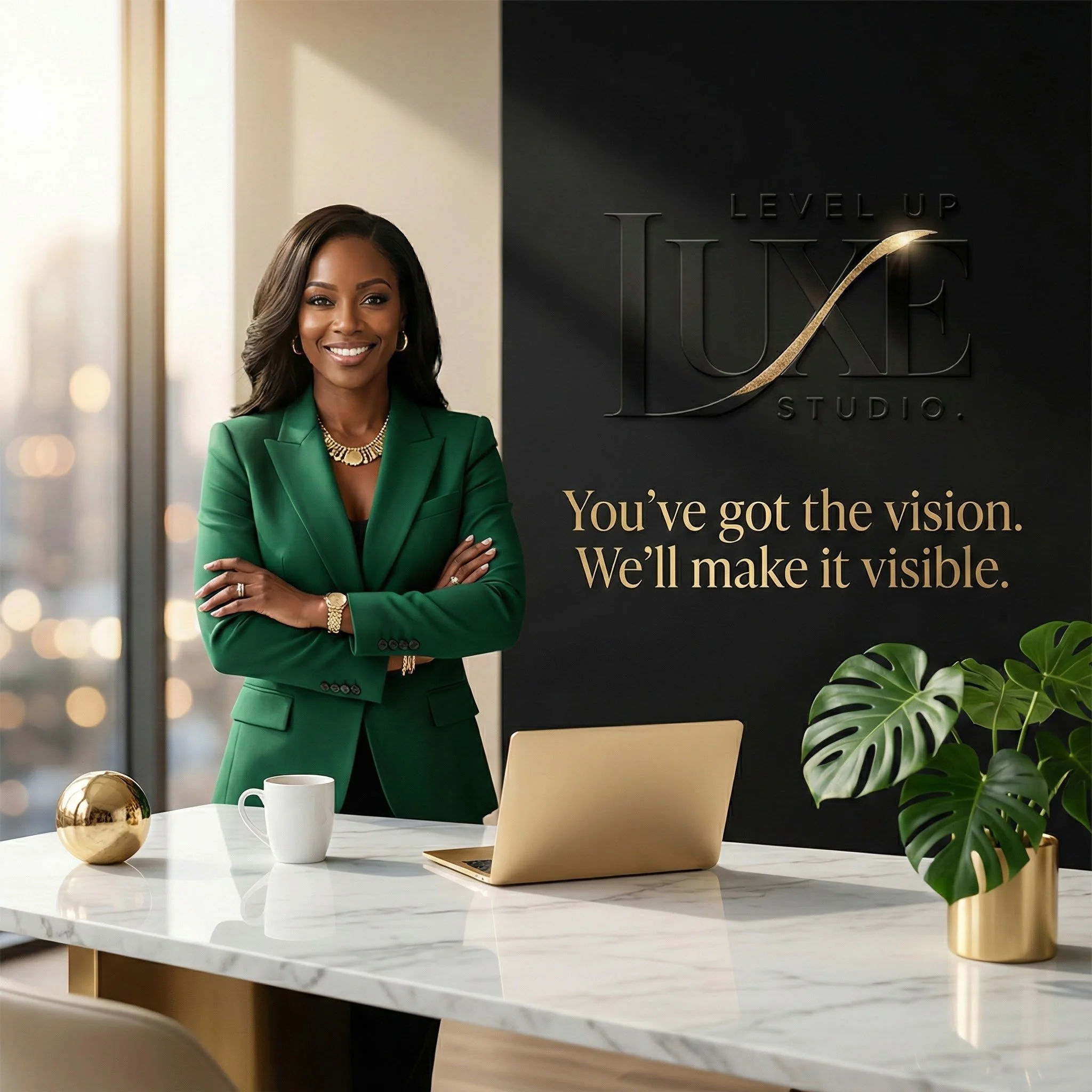 A confident woman with dark hair and dark skin, dressed in a green blazer, standing with her arms crossed in an office space with a marble desk, a laptop, a white coffee mug, a gold decorative sphere, and a potted plant. Behind her on a black wall is a logo for 'Level Up Luxe Studio' and the phrase 'You've got the vision. We'll make it visible.'
