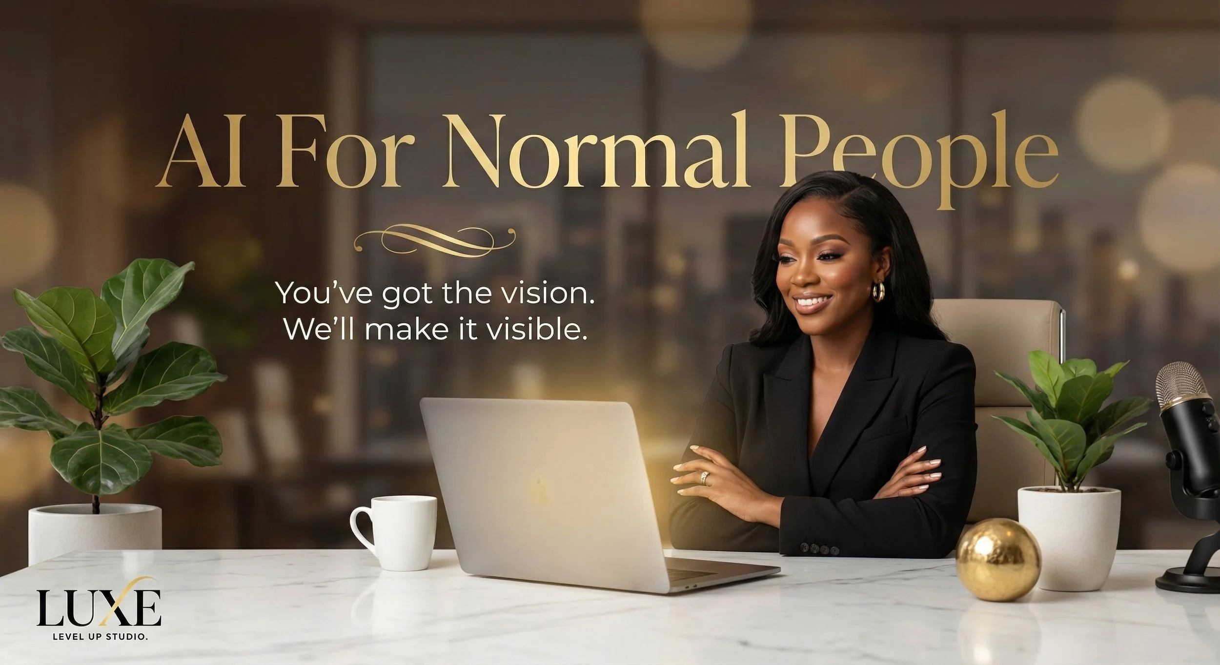 A woman sitting at a desk with a laptop, potted plants, a coffee mug, a golden decorative ball, and a microphone, with the text 'AI For Normal People. You’ve got the vision. We’ll make it visible.'