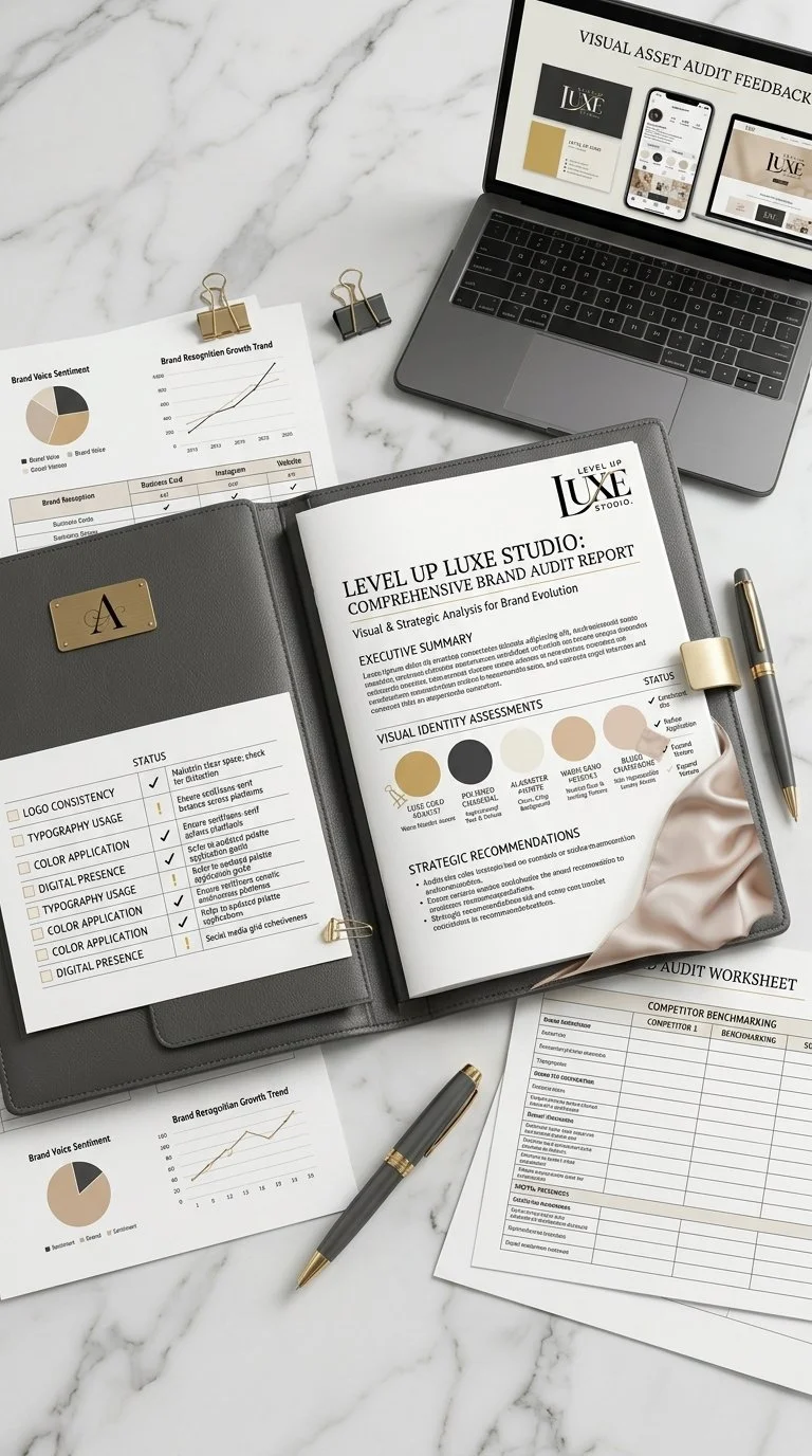 Open report binder titled "Level Up Luxe Studio" on a white marble desk with printed branding documents, a laptop displaying a branding audit, a gold and black pen, and two binder clips.