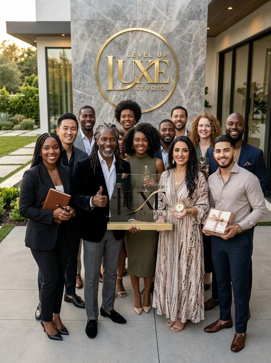 A group of diverse business professionals posing outside a building with a sign that reads "Level Up Luxe Studio." They are smiling, some holding glasses of wine, a gift box, and a clock. The group appears to be celebrating a special occasion.