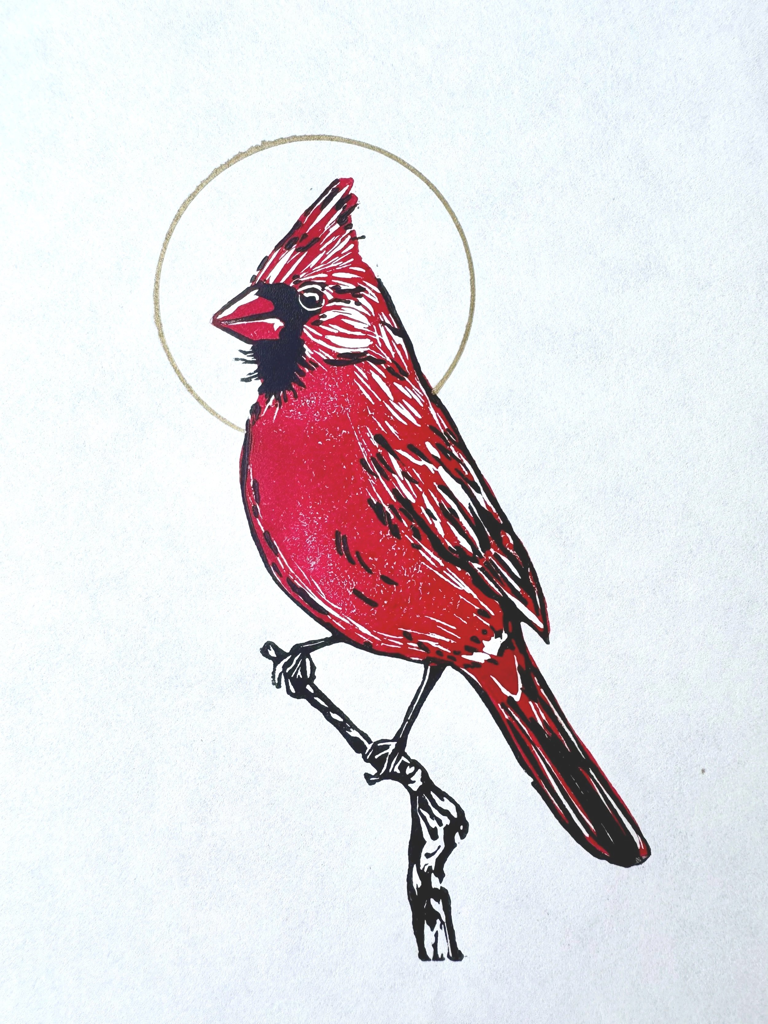 Line art illustration of a cardinal bird perched on a branch with a simple gold circle halo behind its head, on a white background.