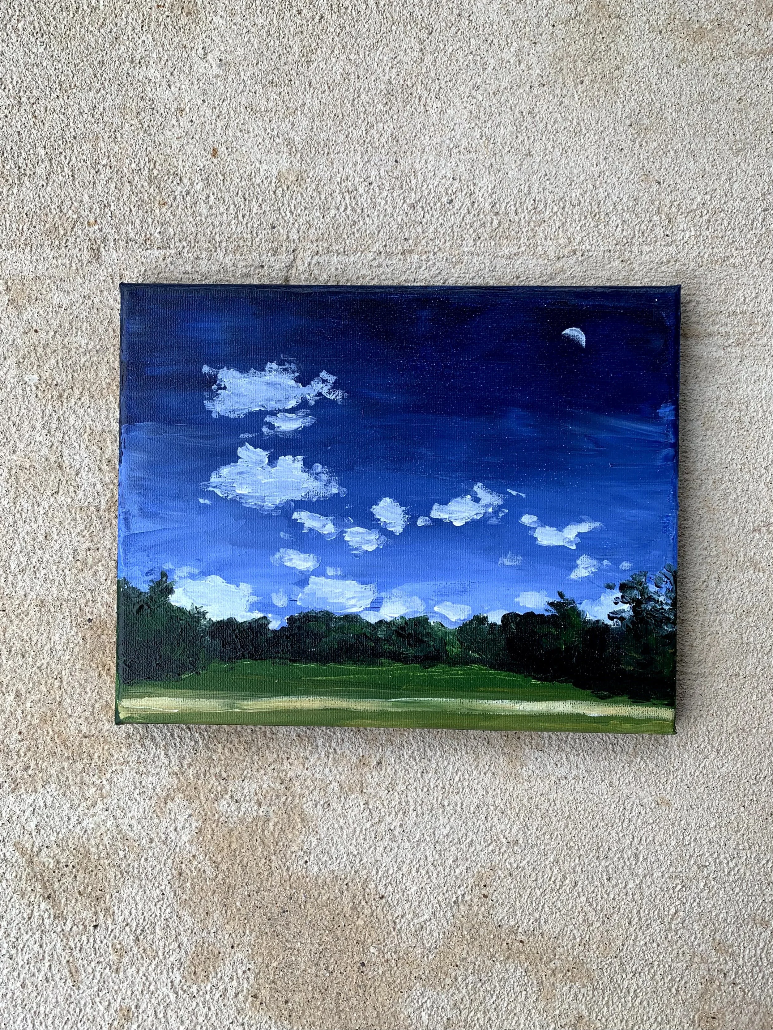 A landscape painting depicting a hill with green grass, a blue sky with white clouds, and a crescent moon.