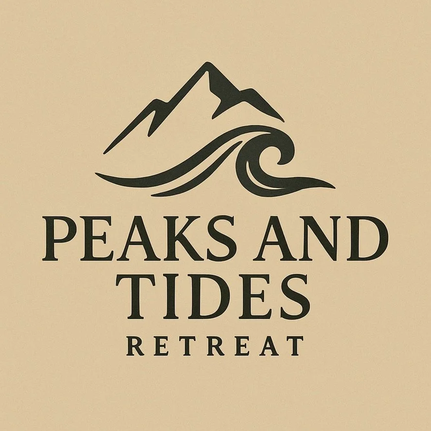 Logo with mountains and waves above the text 'Peaks and Tides Retreat'
