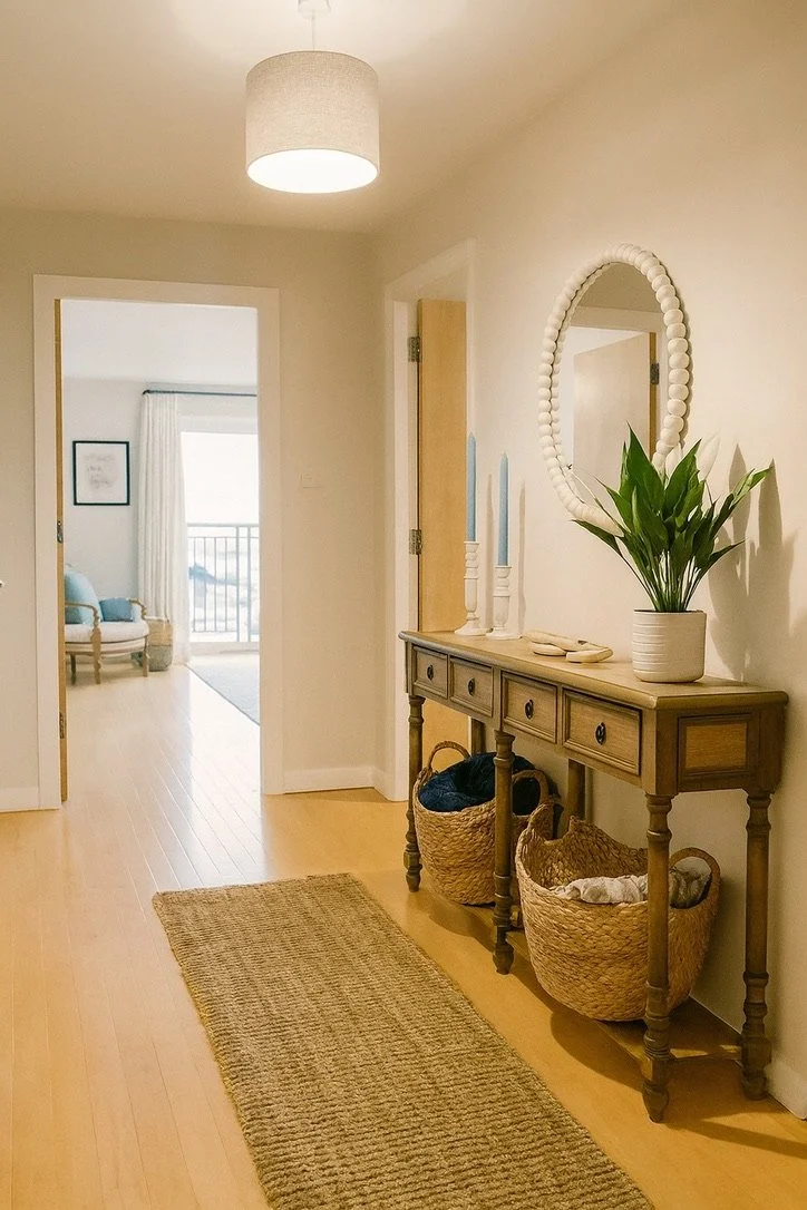 Entryway with a wooden console table holding a plant, decorative candles, and books, topped by a round mirror, with baskets underneath and a beige rug on the wooden floor, leading to a bright room with a balcony.