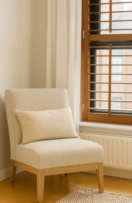 A beige upholstered armchair with a matching cushion next to a wooden window with horizontal slats and white curtains.