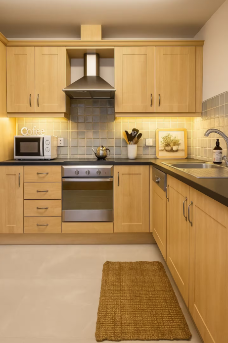 Kitchen with wooden cabinets, black countertop, stainless steel oven, microwave, kettle, framed picture, and a sink with a soap dispenser.