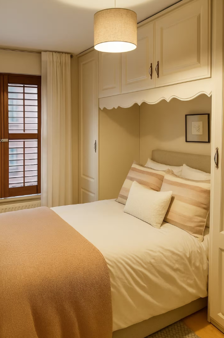 A cozy bedroom with a bed adorned with beige and white pillows and a beige blanket, a window with wooden blinds and cream curtains, and built-in white cabinets overhead.